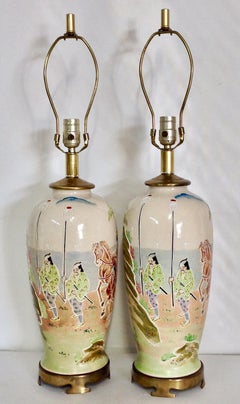Antique Pair Of Japanese Porcelain Satsuma Hand Painted Moriage Lamps