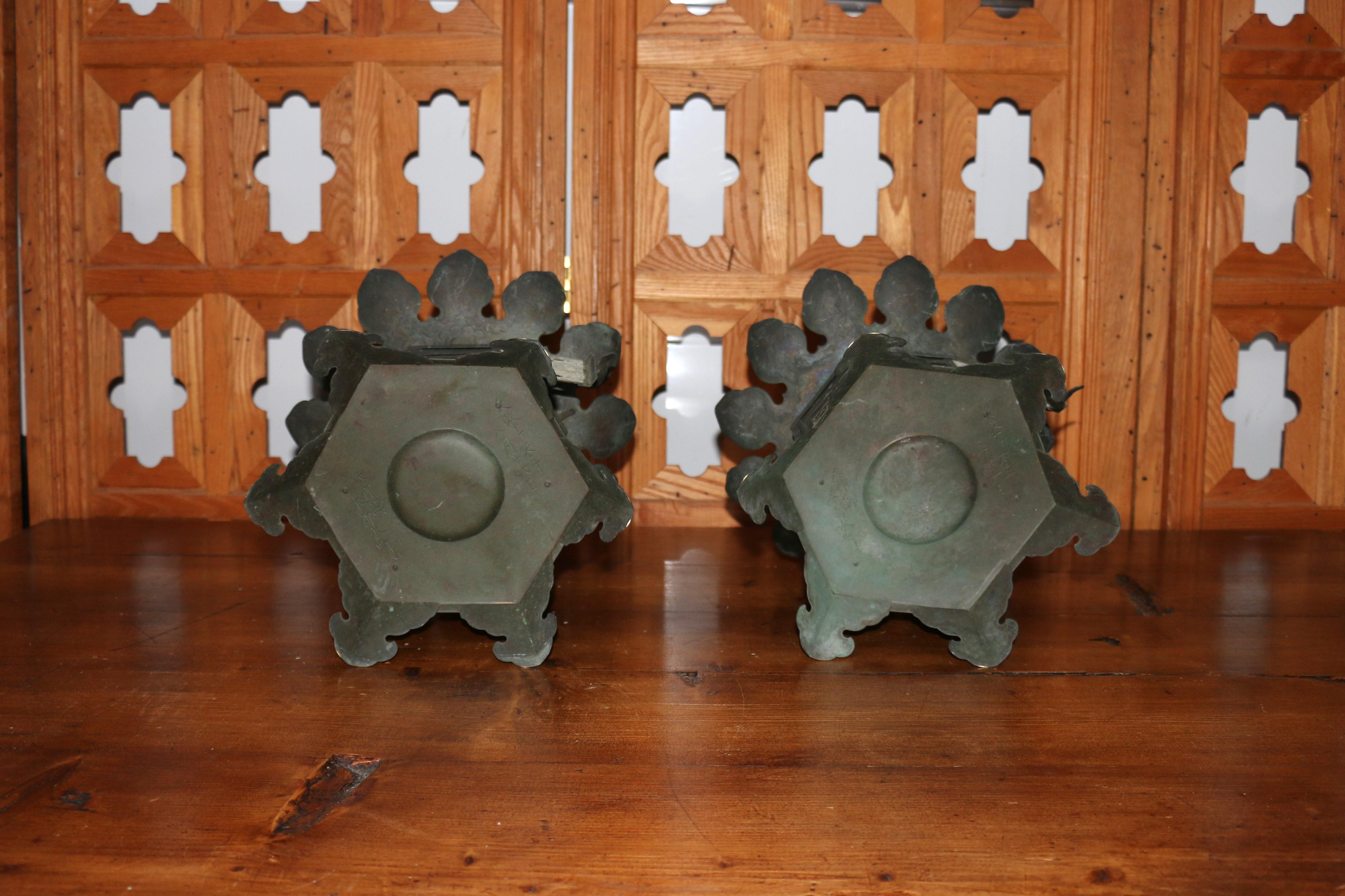 Antique Pair of Japanese Temple Hanging Bronze Lantern For Sale 11