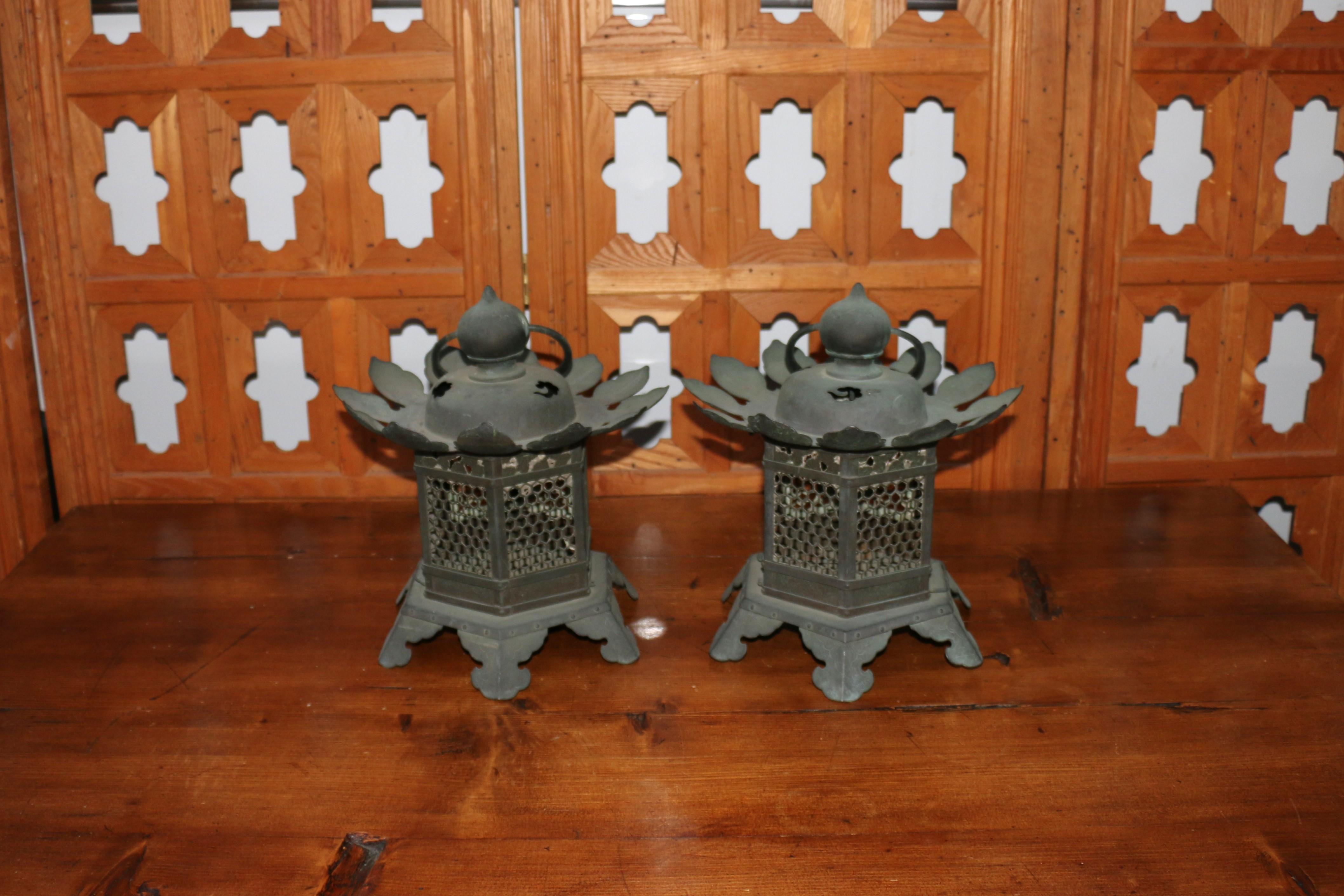 19th Century Antique Pair of Japanese Temple Hanging Bronze Lantern For Sale