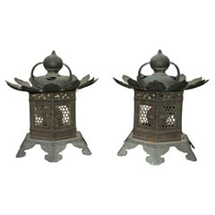 Antique Pair of Japanese Temple Hanging Bronze Lantern
