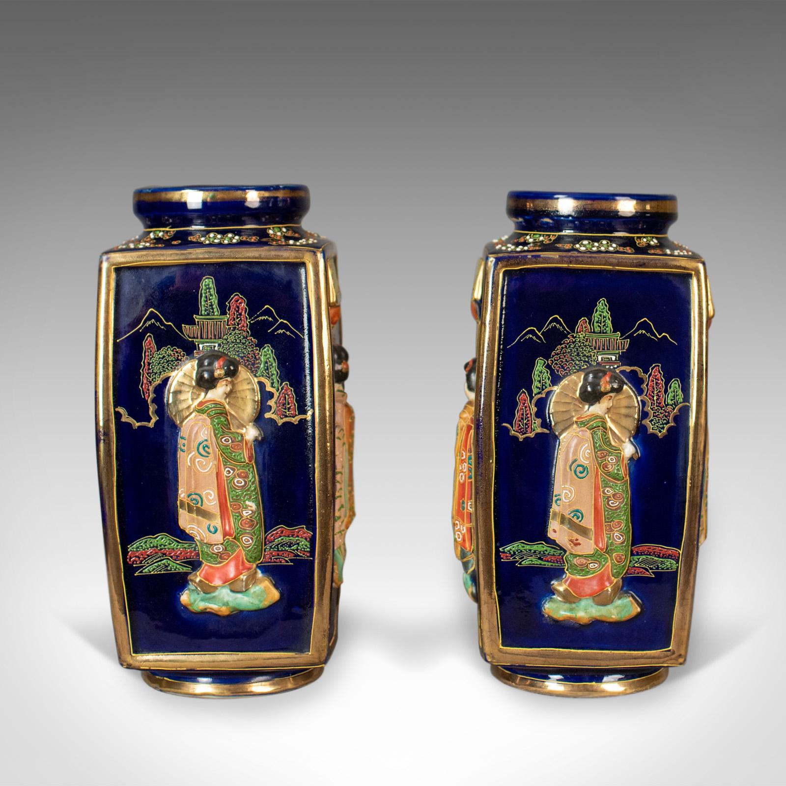 Anglo-Japanese Antique Pair of Japanese Vases, Ceramic Pots, 20th Century For Sale