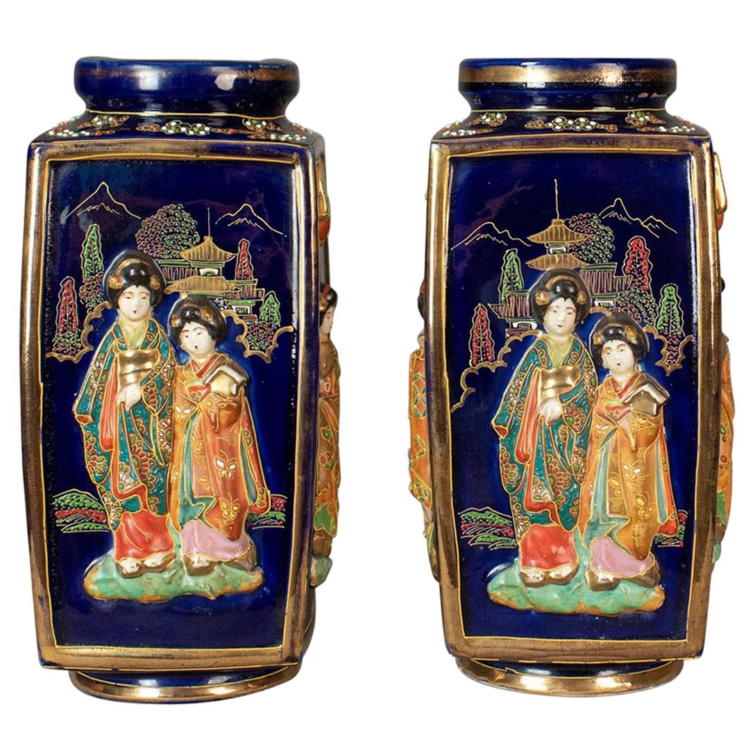 Antique Pair of Japanese Vases, Ceramic Pots, 20th Century For Sale