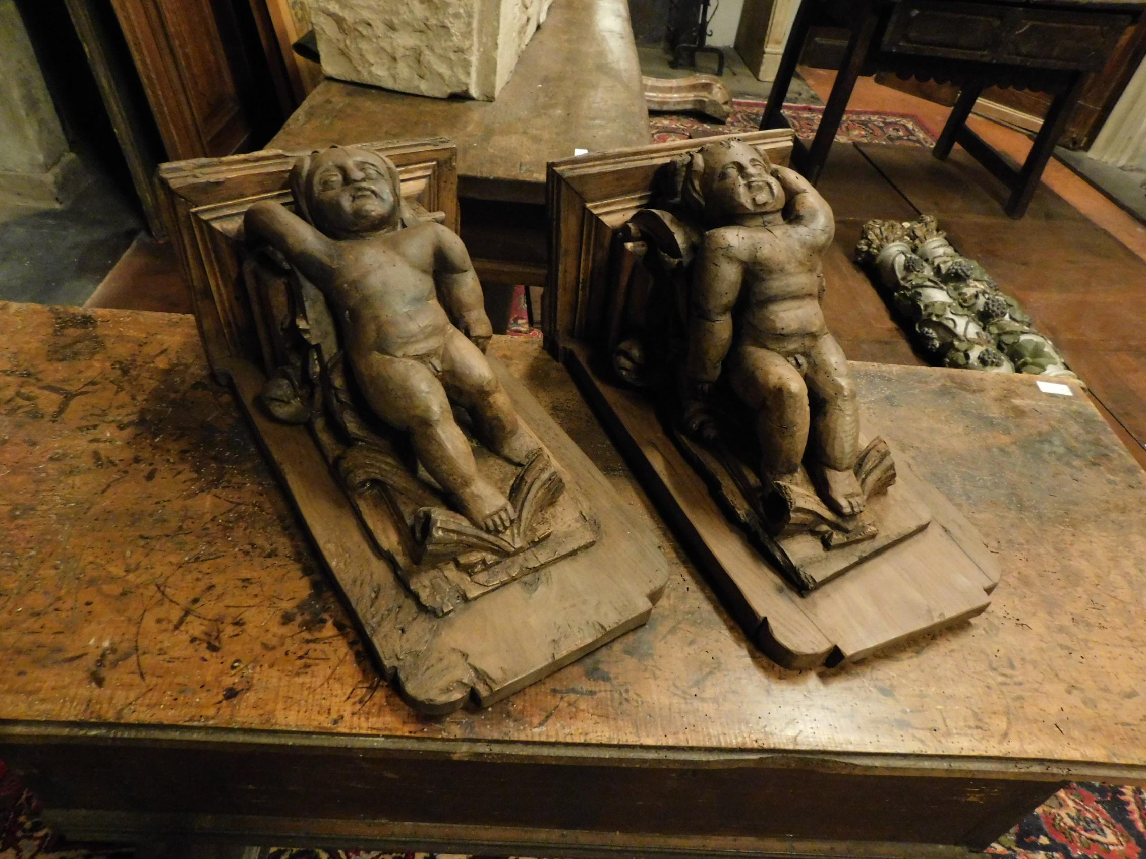 Ancient pair of larch wood shelves, carved with angels (putti), very ancient, come from the church of 1600 in Spain, very malleable they adapt to all places thanks to their small size, a true rare piece of high antique, luxury and rare elegance.