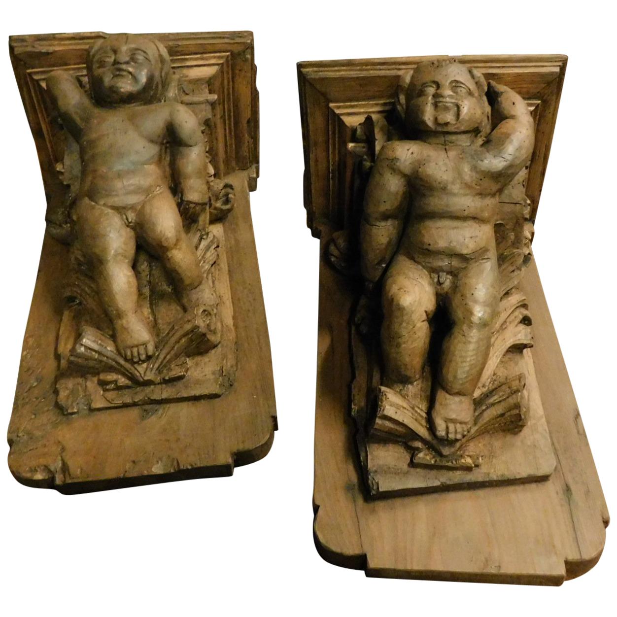 Antique Pair of Larch Wood Shelves, Brown Carved with Angels, 1600, Spain For Sale