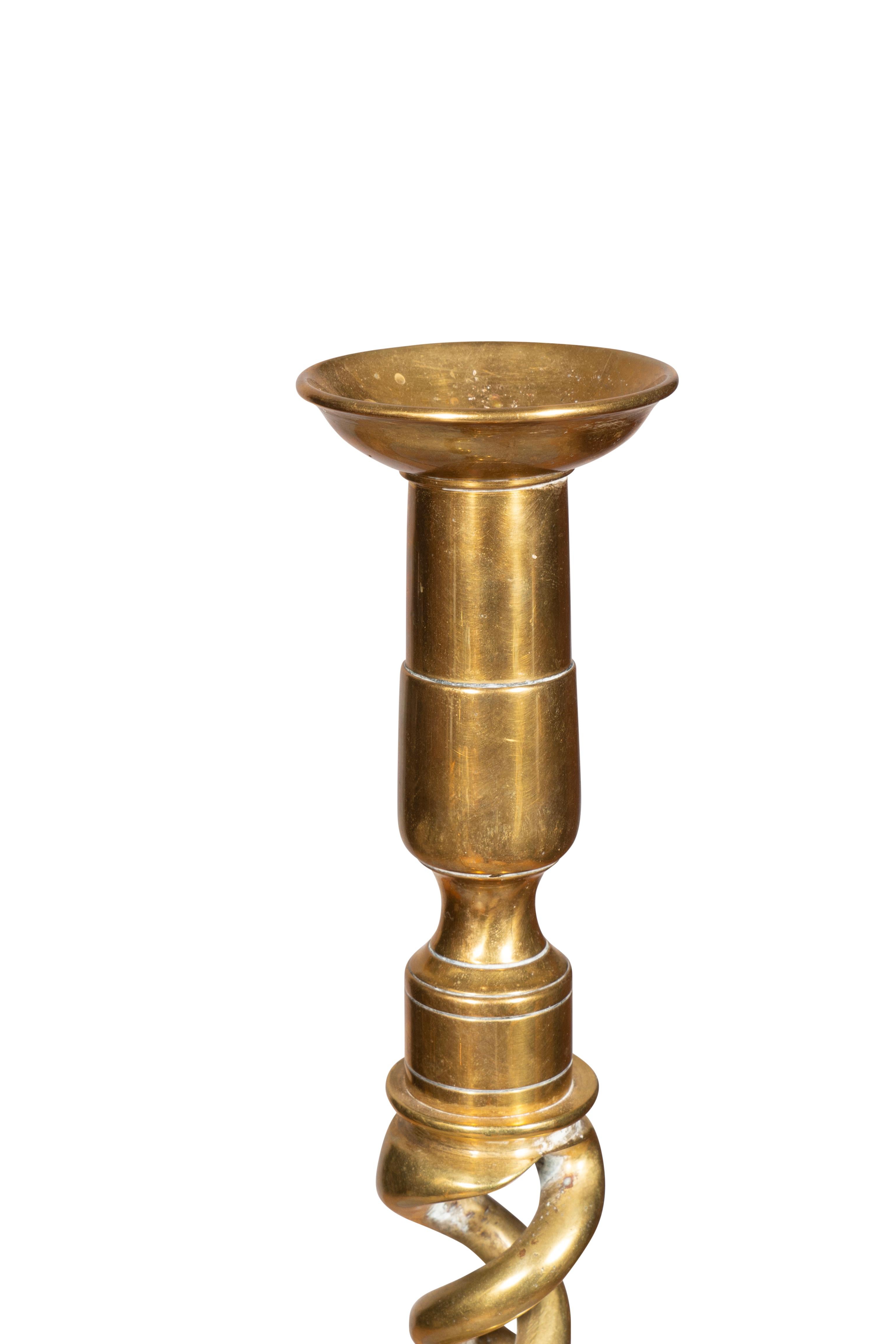 English Antique Pair Of Large Brass Spiral Floor Candlesticks