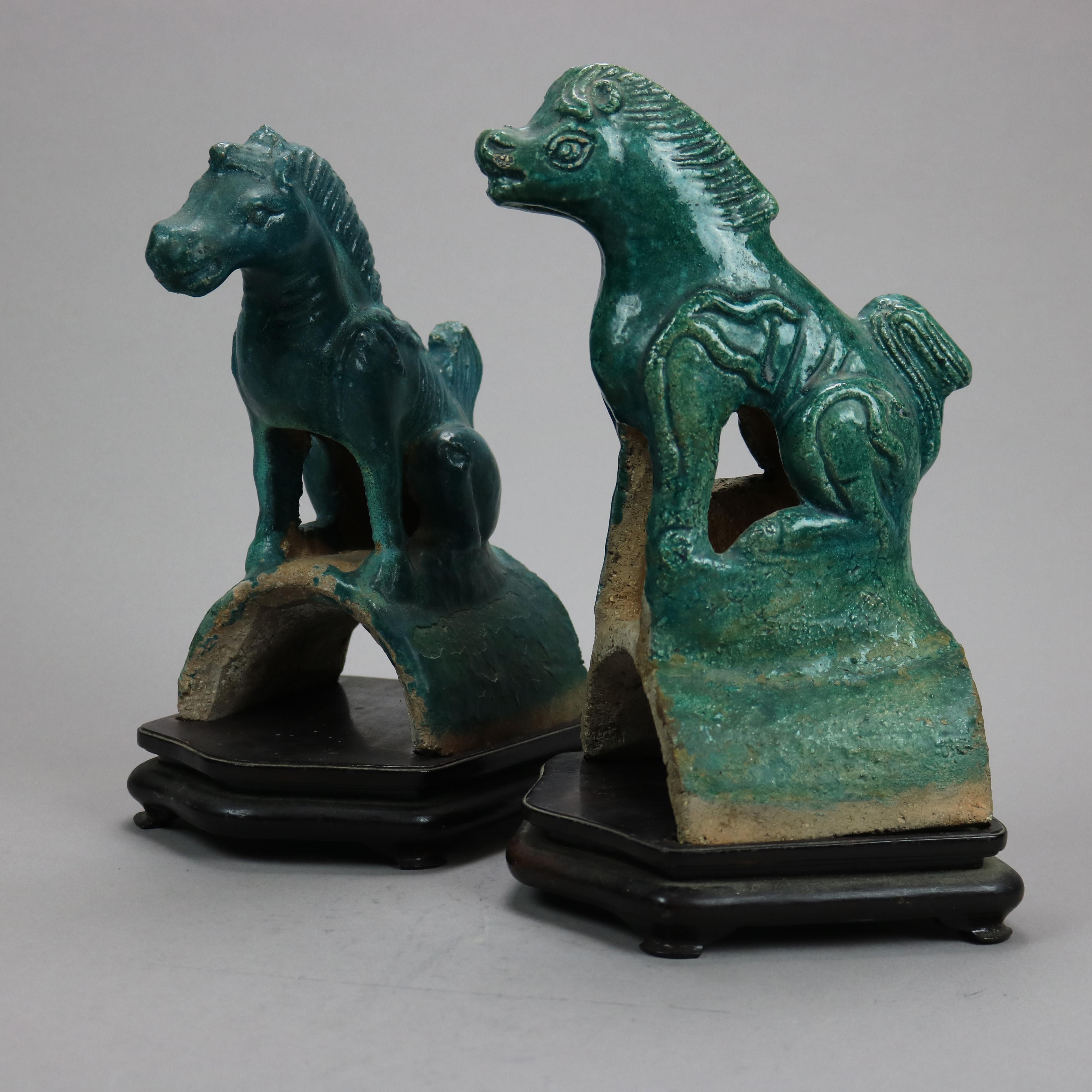 Glazed Antique Pair of Large Chinese Hand Crafted Terracotta Horse Figures, 19th C