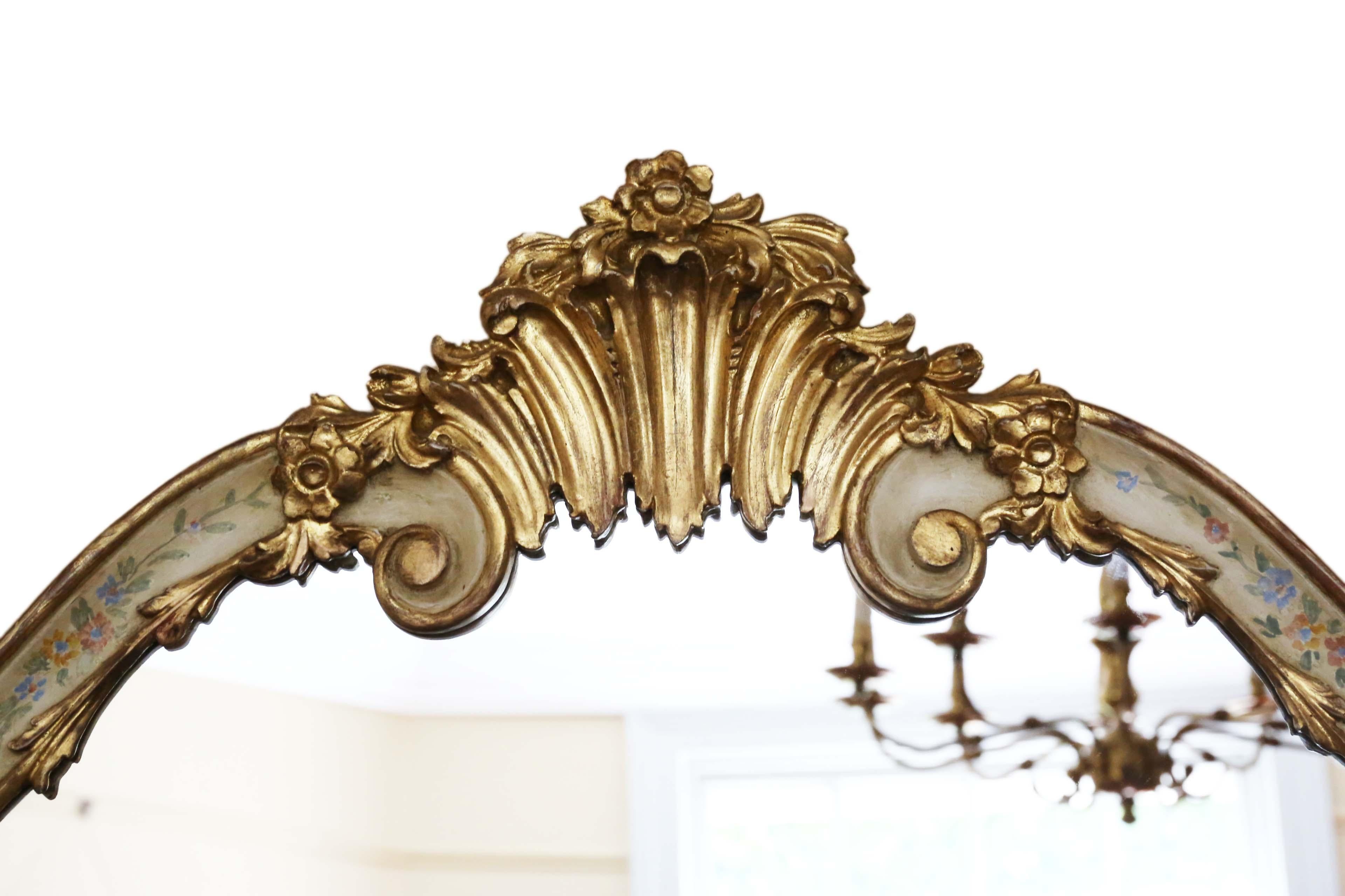 Antique pair of large quality decorated gilt wall mirrors, 19th century. A great look.
Charming mirrors, that are full of age and character. Lovely frames with some minor losses and touching up. Most of the original finish remains. No loose joints