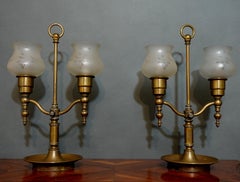Antique Pair of Large Double Arm Brass Hurricane Lamps, 1900s