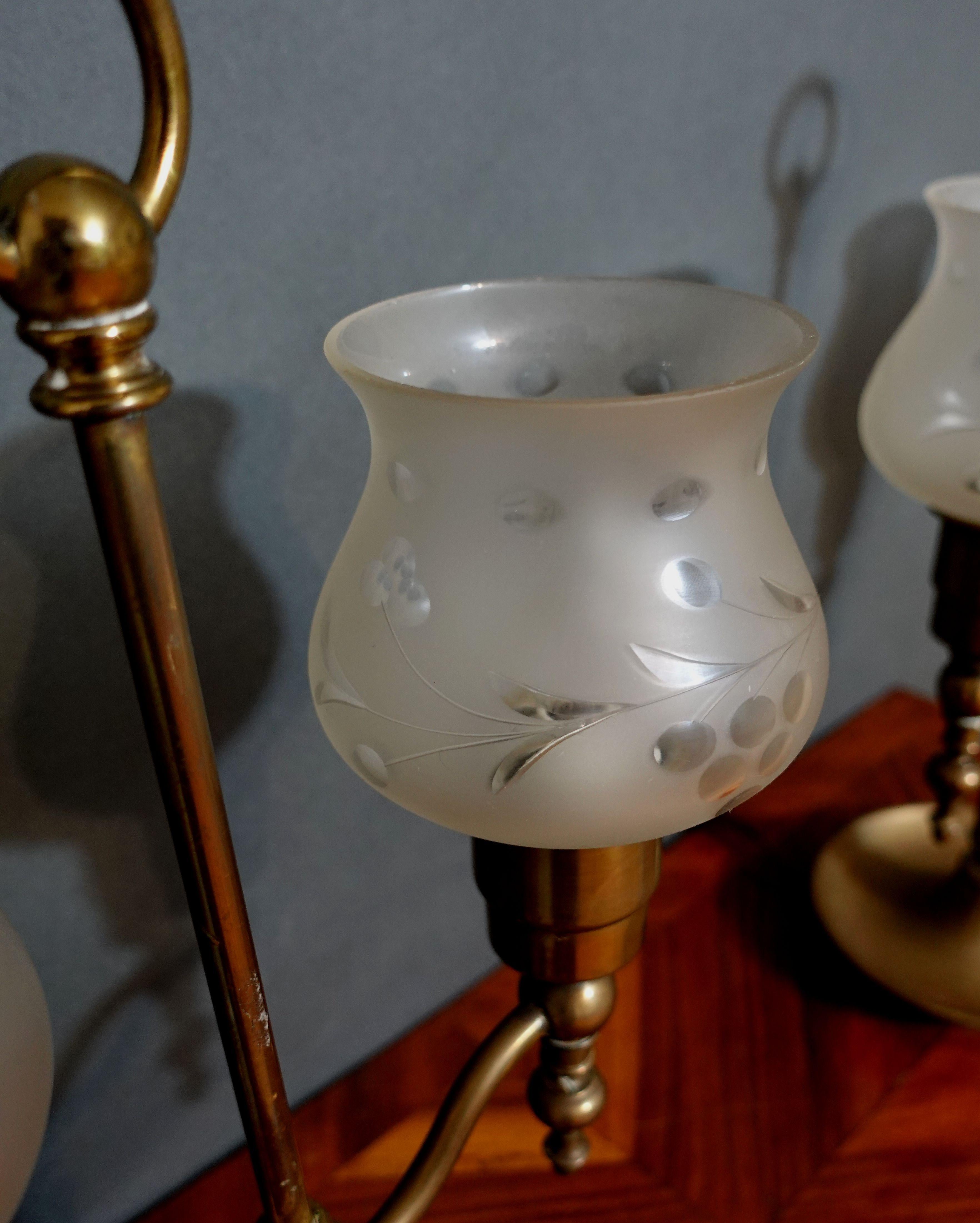 Early 20th Century Antique Pair of Large Double Arm Brass Hurricane Lamps, 1900s For Sale