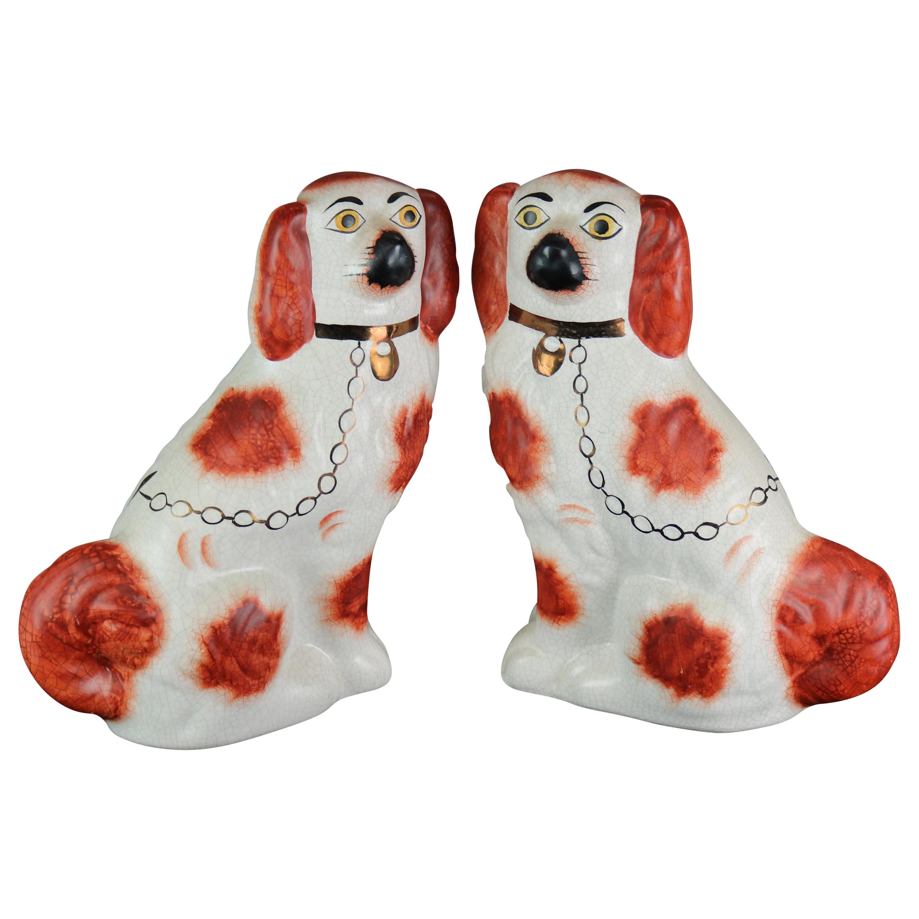 Antique Pair of Large English Staffordshire Pottery Dogs, Spaniels, circa 1900