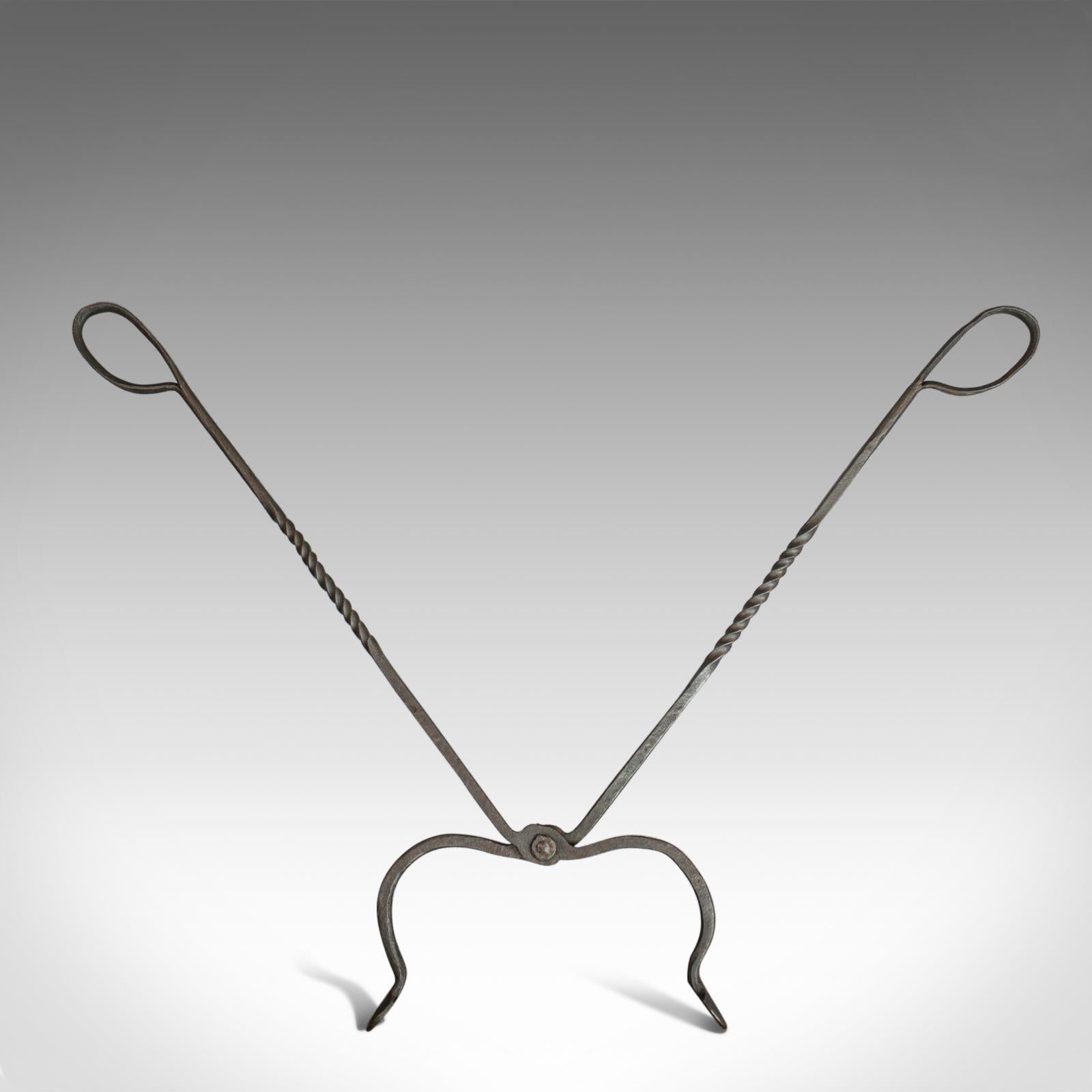 Iron Antique Pair of Large Fire Tongs, Georgian, Hand Forged, Stirrup, circa 1800