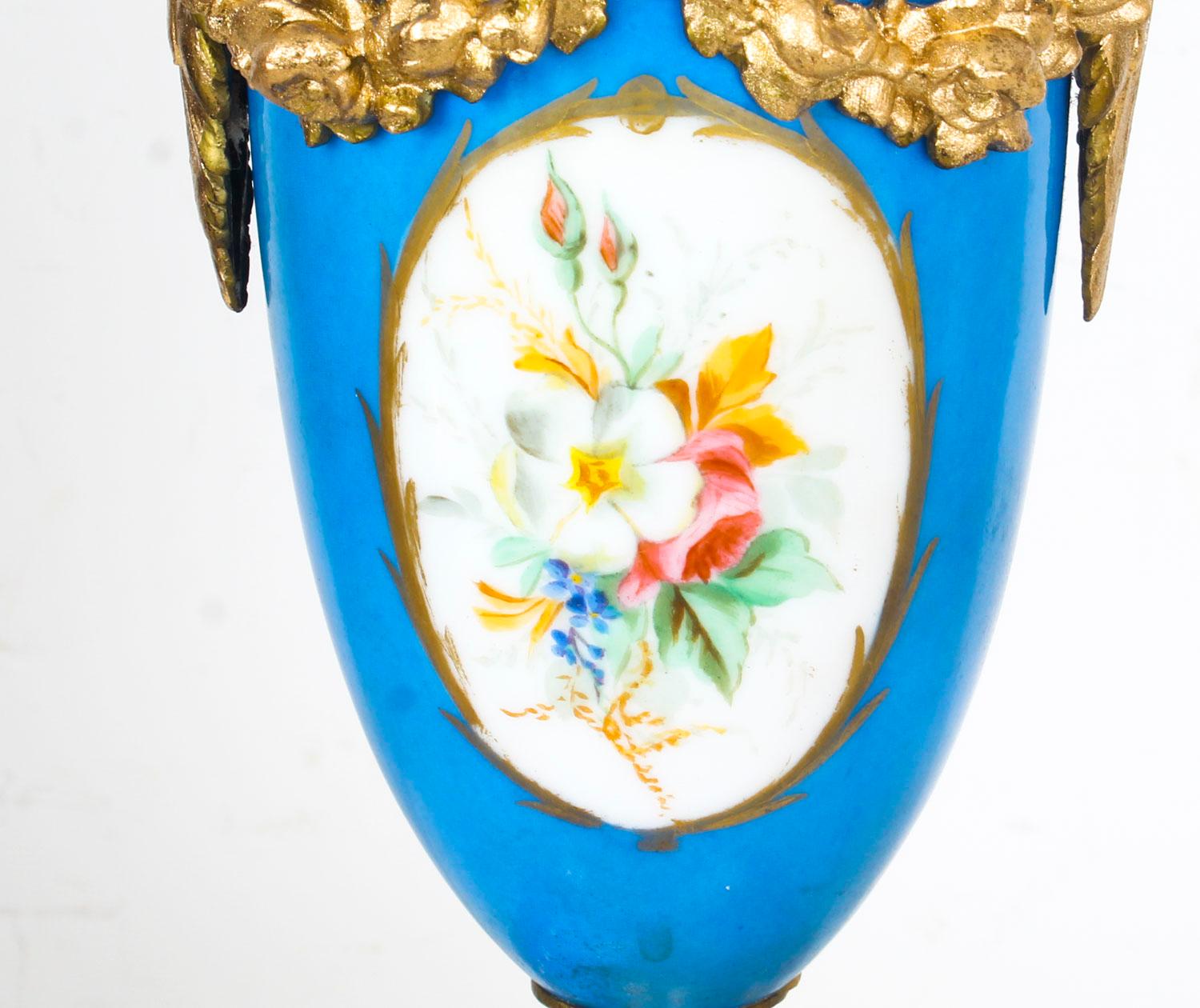 Antique Pair of Large French Bleu Celeste Sevres Vases Lamps 19th Century 4