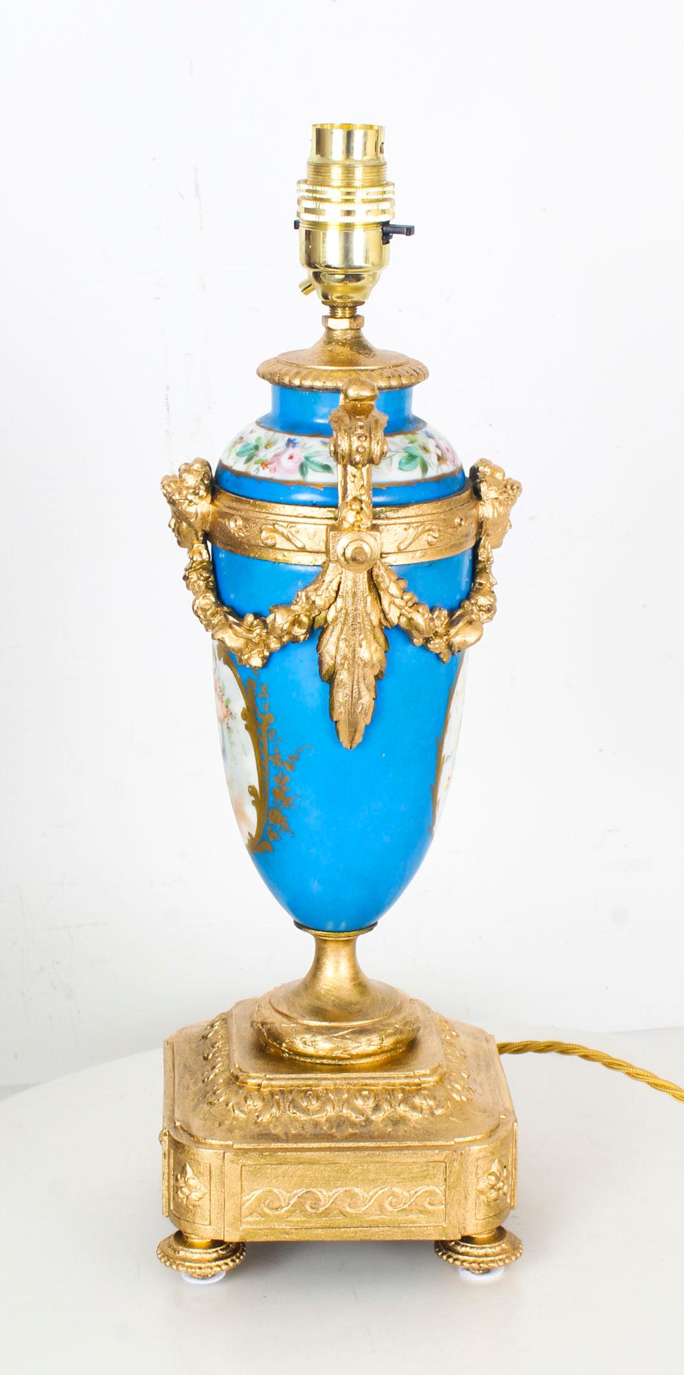 Antique Pair of Large French Bleu Celeste Sevres Vases Lamps 19th Century 6