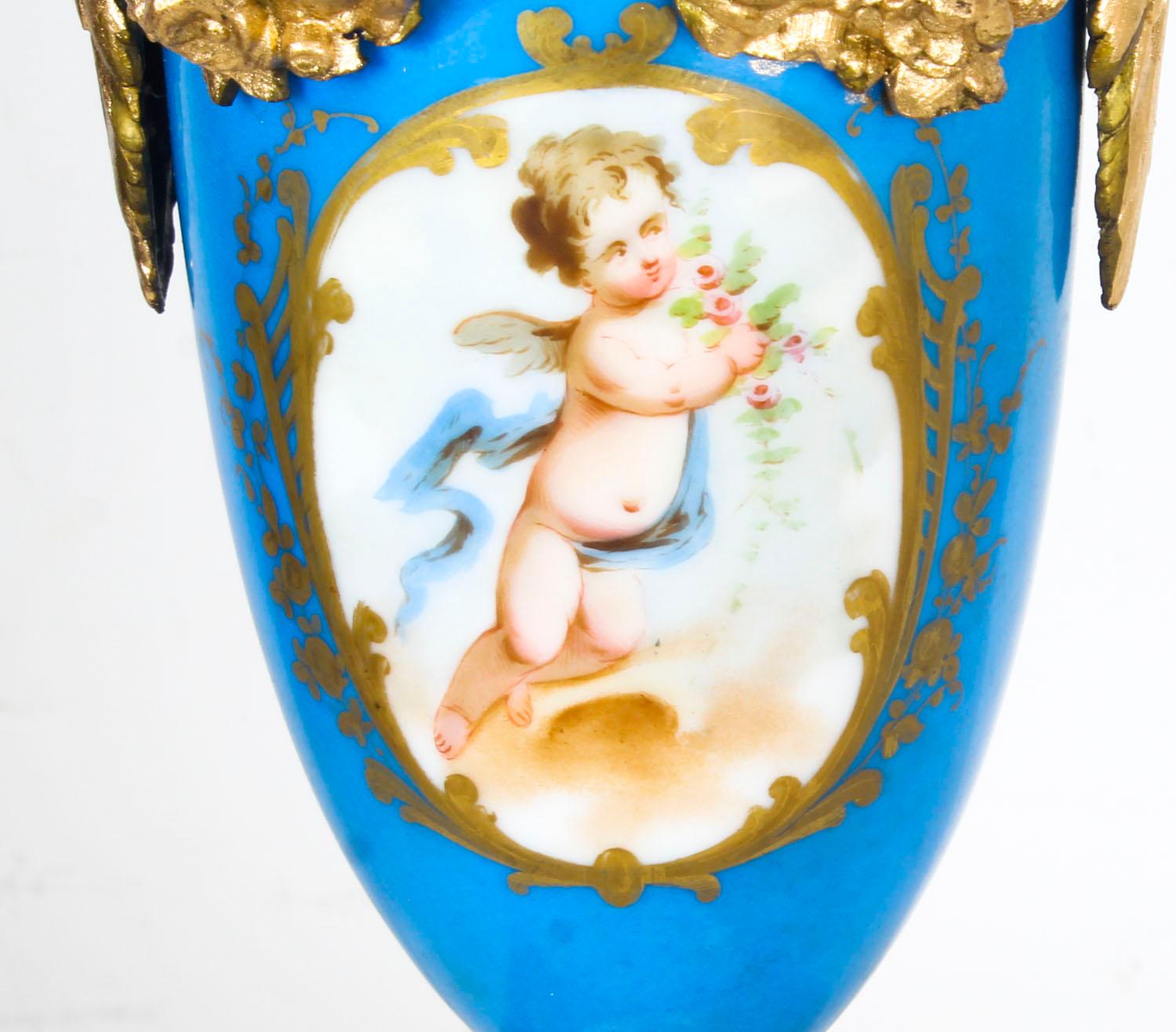 Antique Pair of Large French Bleu Celeste Sevres Vases Lamps 19th Century 8