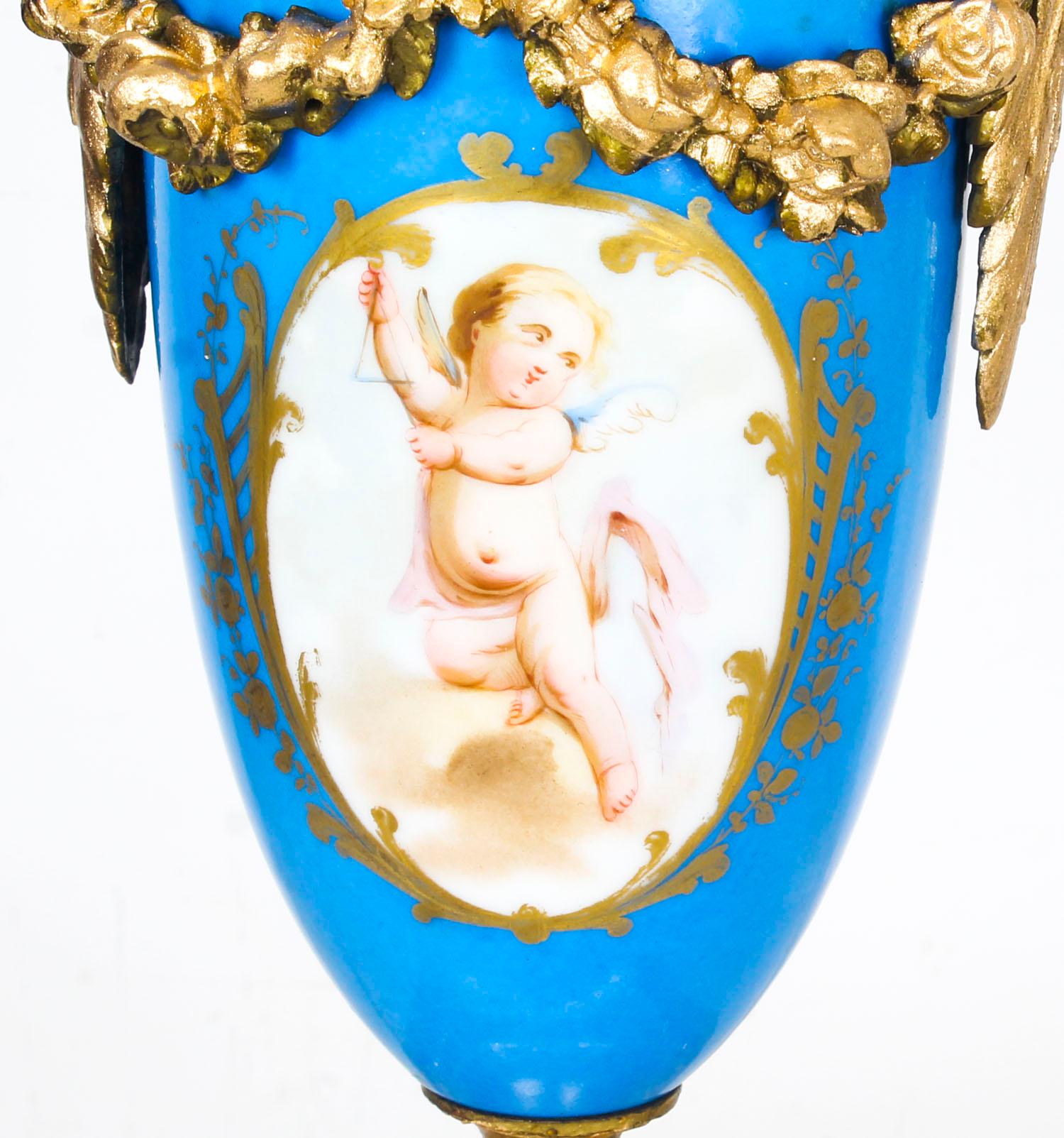 Gilt Antique Pair of Large French Bleu Celeste Sevres Vases Lamps 19th Century