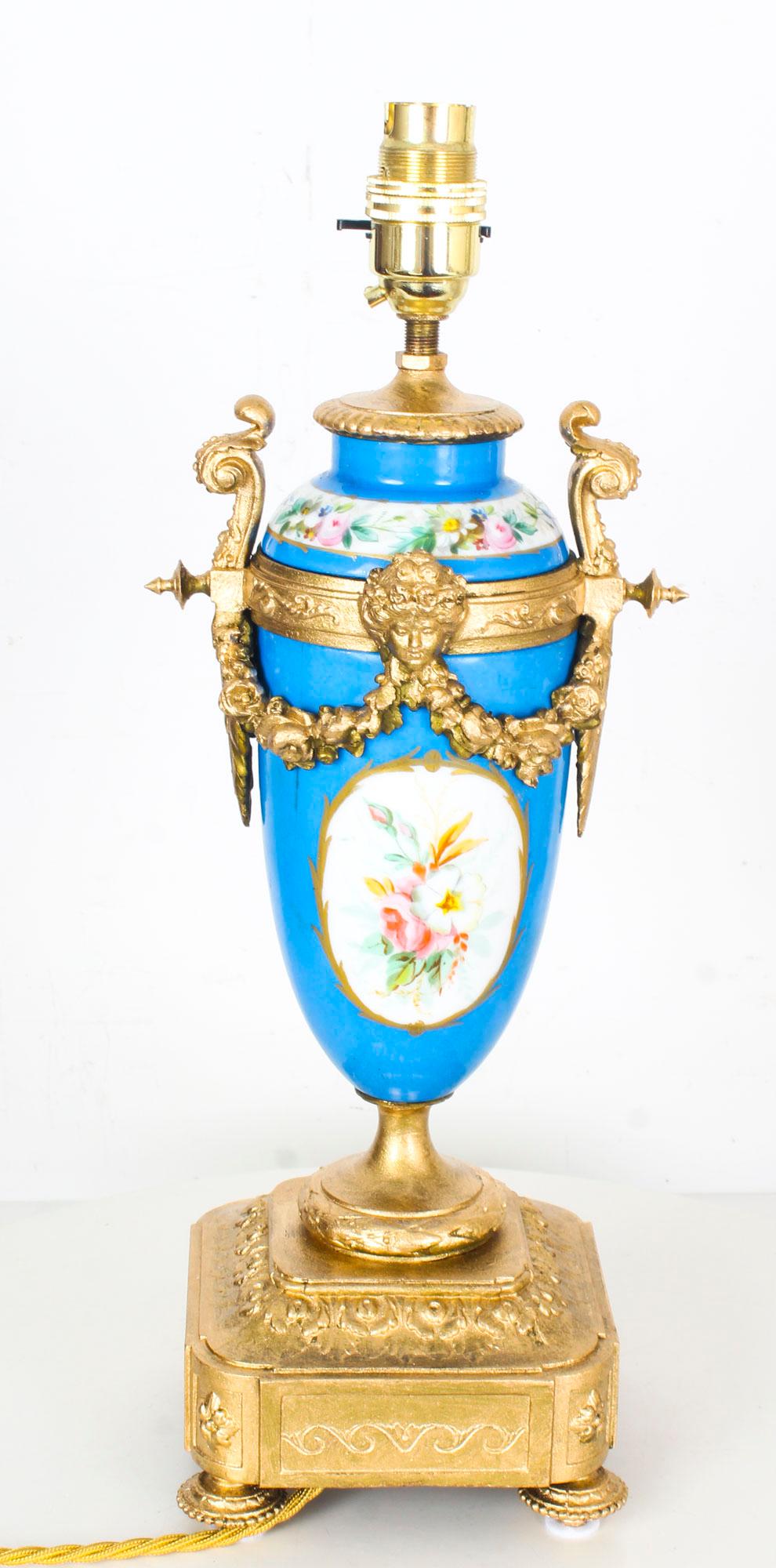 Porcelain Antique Pair of Large French Bleu Celeste Sevres Vases Lamps 19th Century