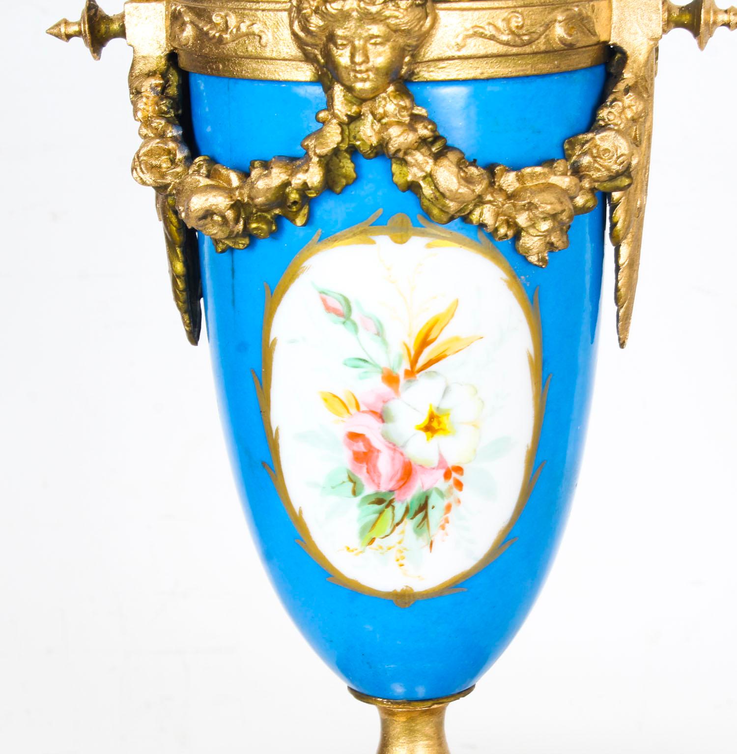 Antique Pair of Large French Bleu Celeste Sevres Vases Lamps 19th Century 1