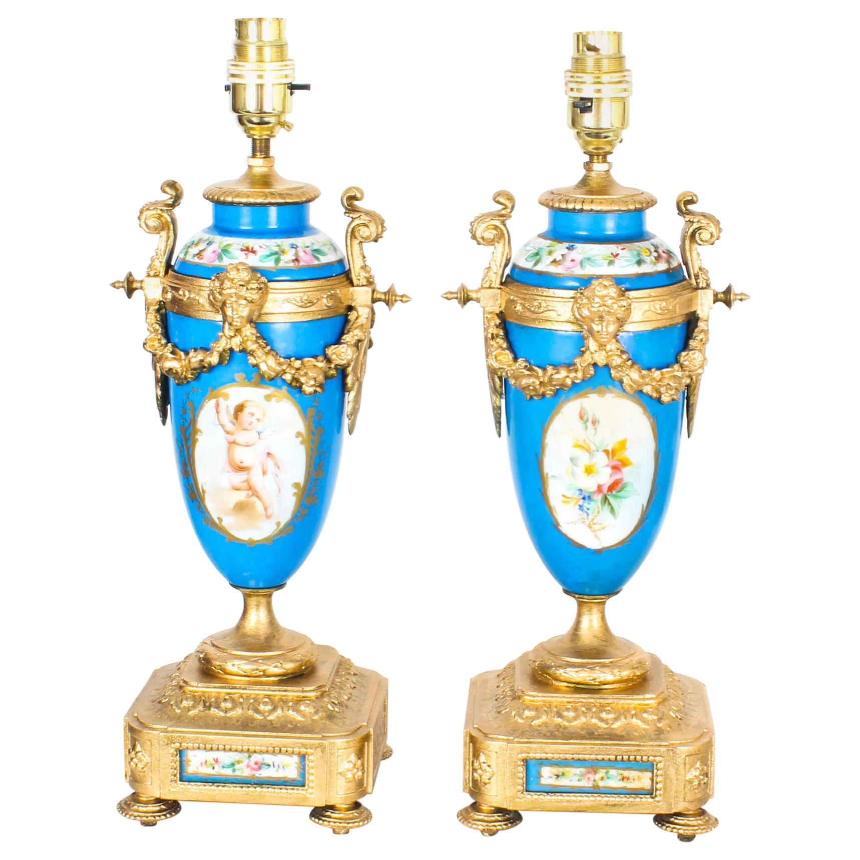 Antique Pair of Large French Bleu Celeste Sevres Vases Lamps 19th Century