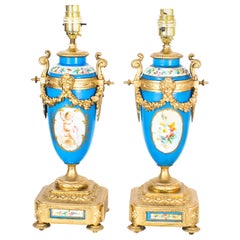 Antique Pair of Large French Bleu Celeste Sevres Vases Lamps 19th Century
