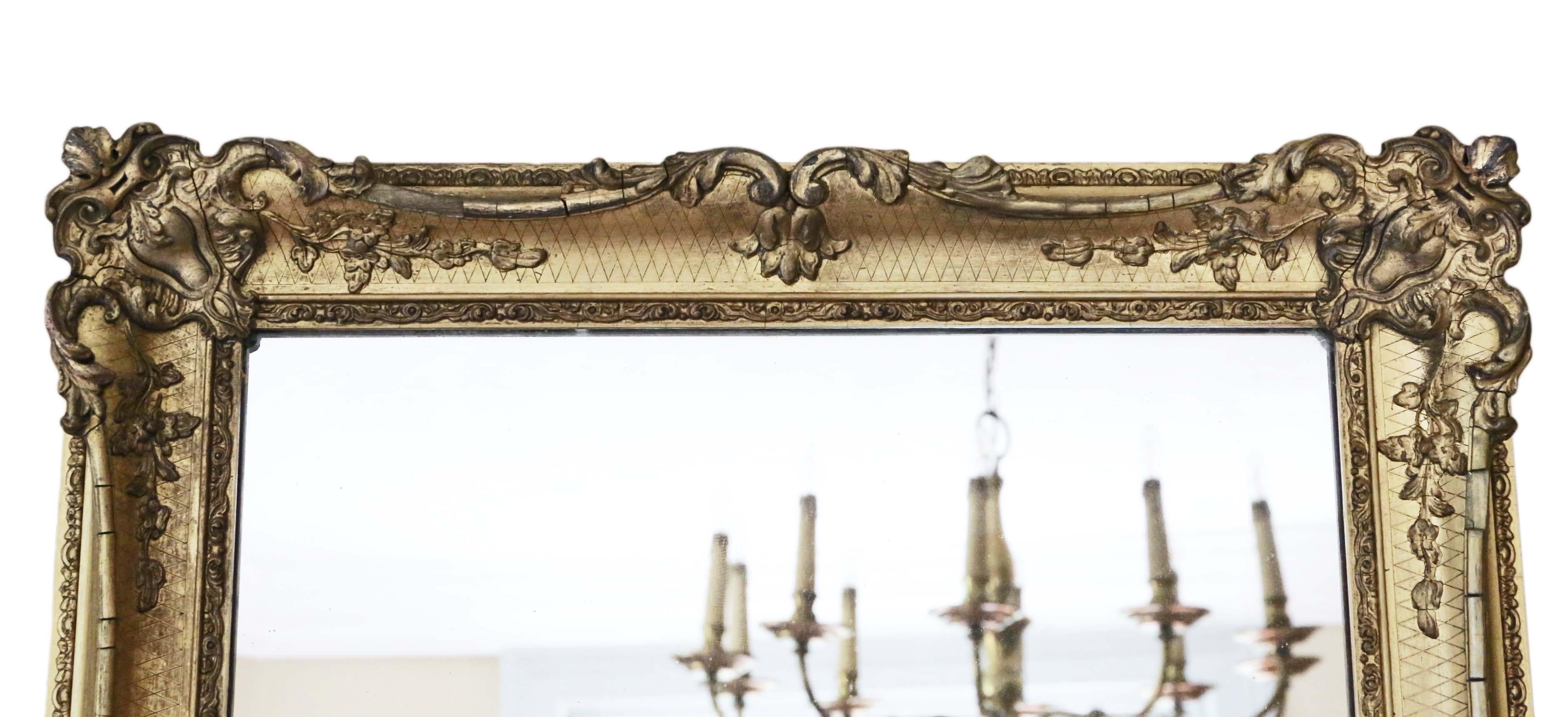 Antique charming pair of large quality gilt wall or overmantle mirrors, 19th Century. Could be hung in portrait or landscape.

An impressive find, that would look amazing in the right location. No loose joints or woodworm.

The mirrored glass