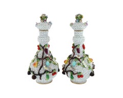 Antique Pair of Large Meissen Manner Snowball Porcelain Bottle Vases