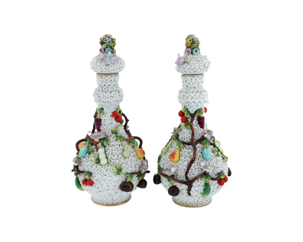 European Antique Pair of Large Meissen Manner Snowball Porcelain Bottle Vases