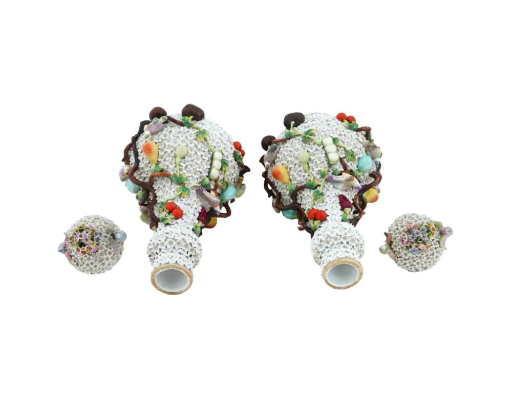 Antique Pair of Large Meissen Manner Snowball Porcelain Bottle Vases In Good Condition In Queens, NY