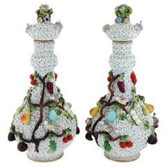 Antique Pair of Large Meissen Manner Snowball Porcelain Bottle Vases