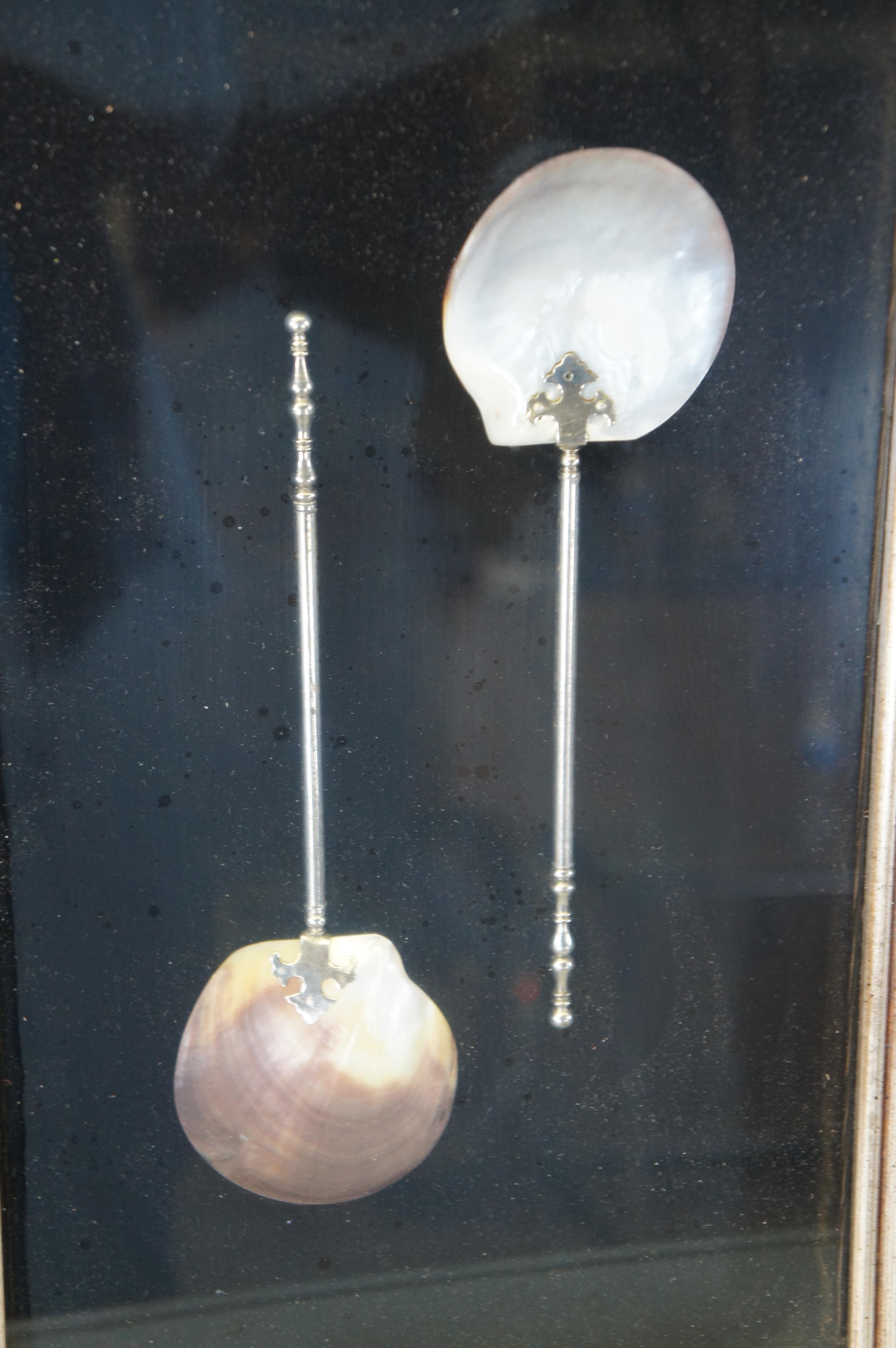 Antique Pair of Large Mother of Pearl Serving Spoons Shadow Box Framed Art 20