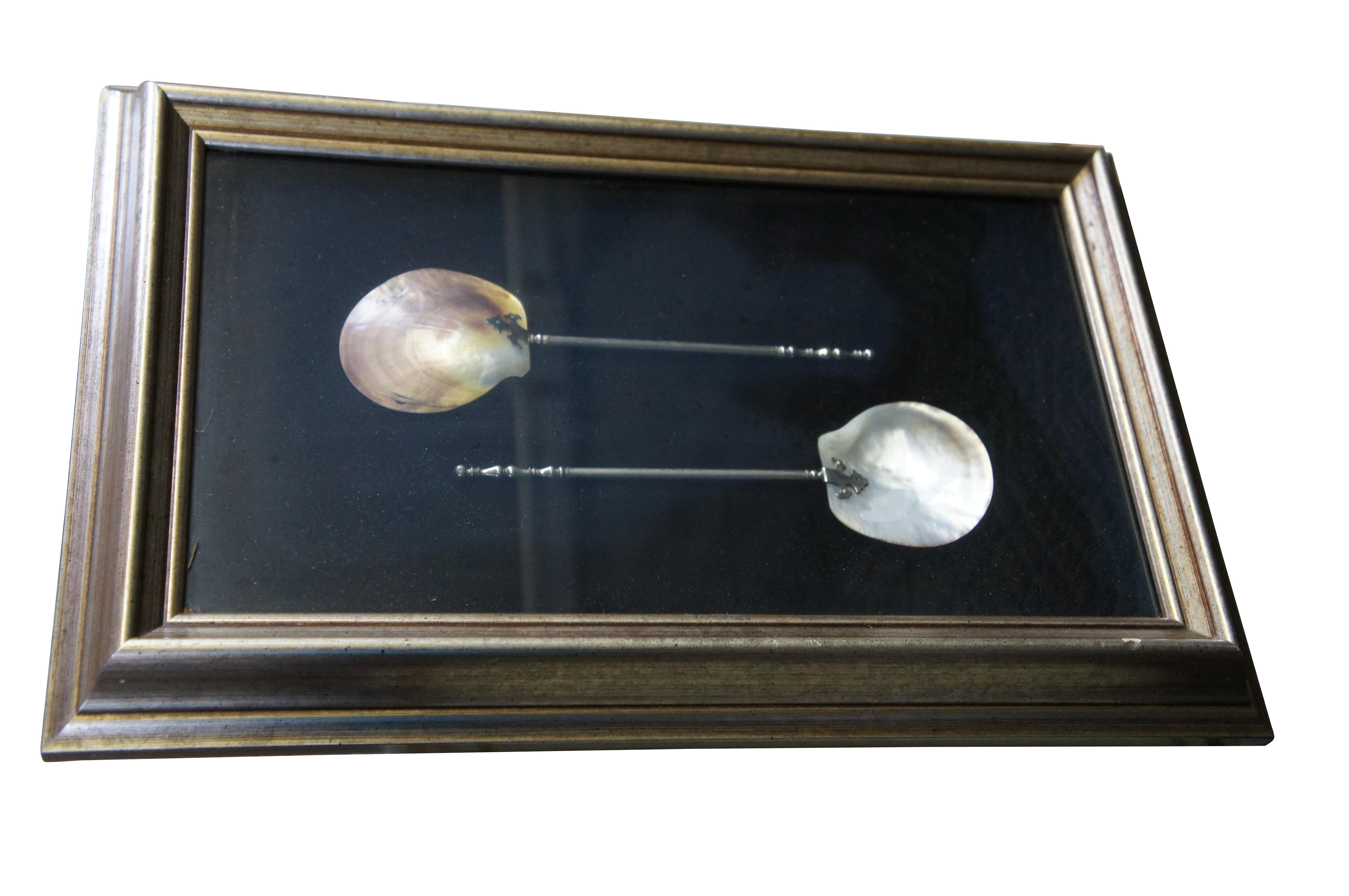 Antique Pair of Large Mother of Pearl Serving Spoons Shadow Box Framed Art 20