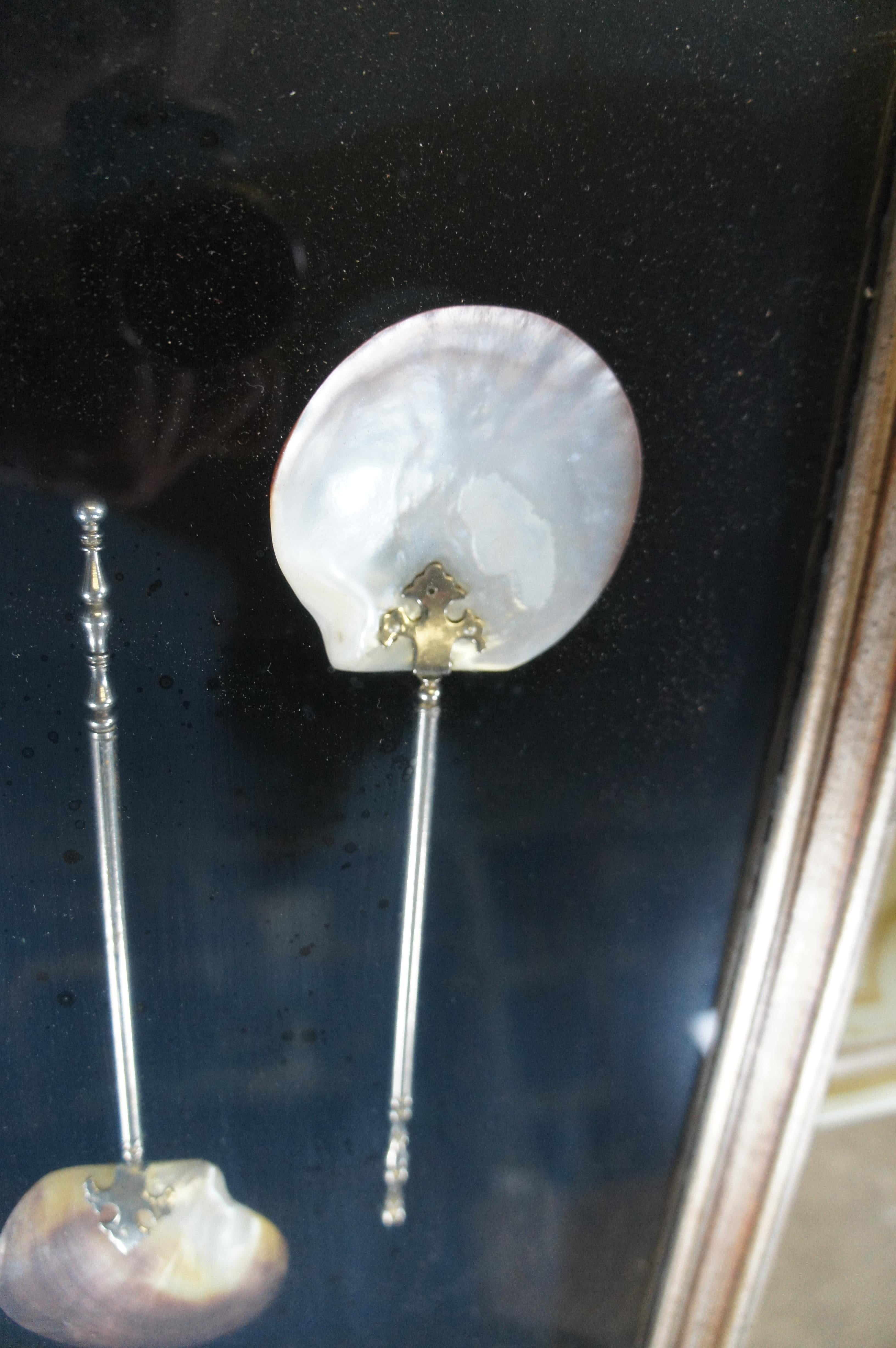 Metal Antique Pair of Large Mother of Pearl Serving Spoons Shadow Box Framed Art 20