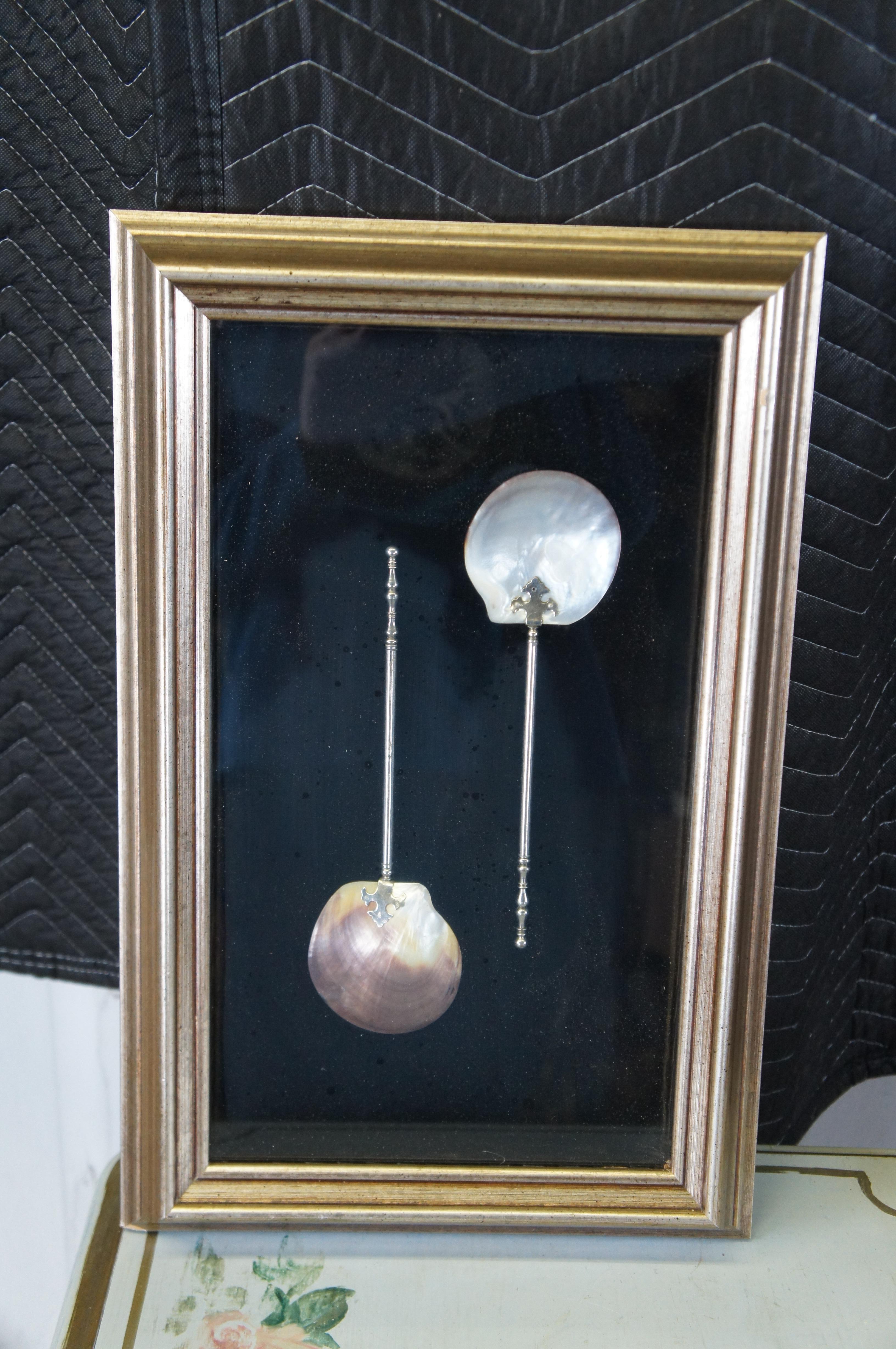 Antique Pair of Large Mother of Pearl Serving Spoons Shadow Box Framed Art 20