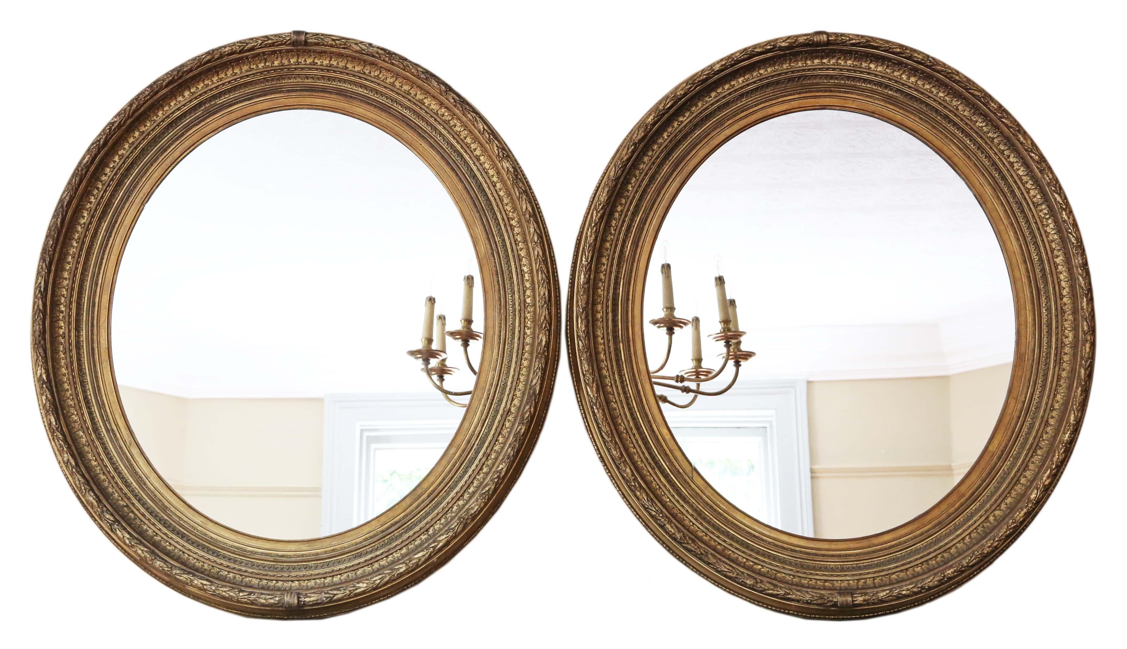 Antique pair of large quality oval gilt wall or overmantle mirrors 19th Century. Could be hung in portrait or landscape.

An impressive find, that would look amazing in the right location. No loose joints or woodworm.

The later mirrored glass