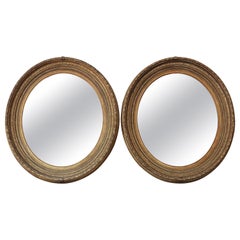 Antique Pair of Large Oval Gilt Wall Overmantle Mirrors, 19th Century