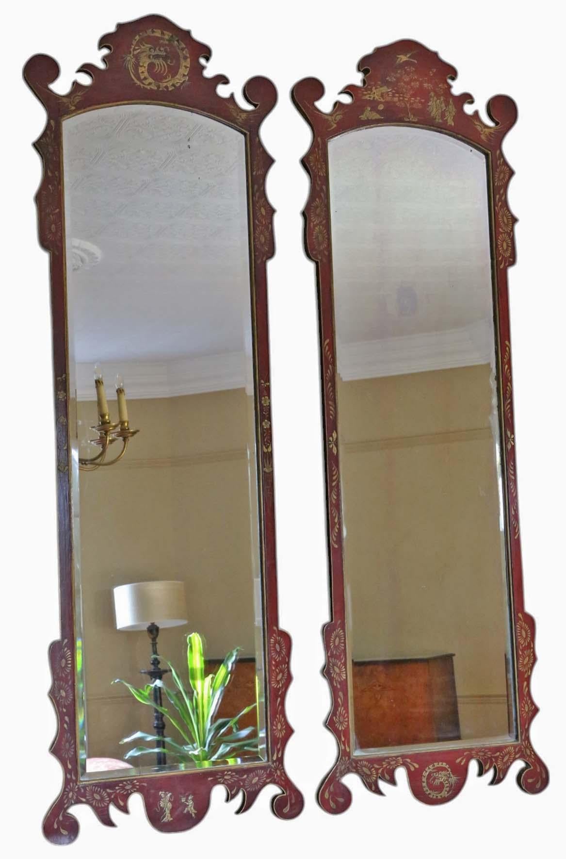 Antique Pair of Large Red Lacquer & Gilt Chinoiserie Wall Mirrors – Circa 1910

Rare and highly sought-after antique Chinoiserie wall mirrors, featuring red lacquer and gilt detailing in an Oriental Chinese and Japanese style. These large statement
