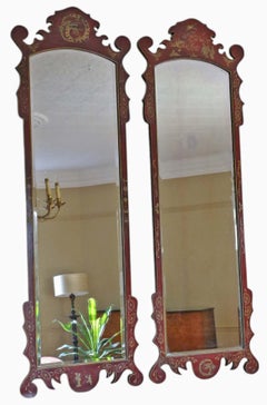Ancienne paire de grands miroirs muraux de chinoiserie rouge laquée et dorée orientale C1910
