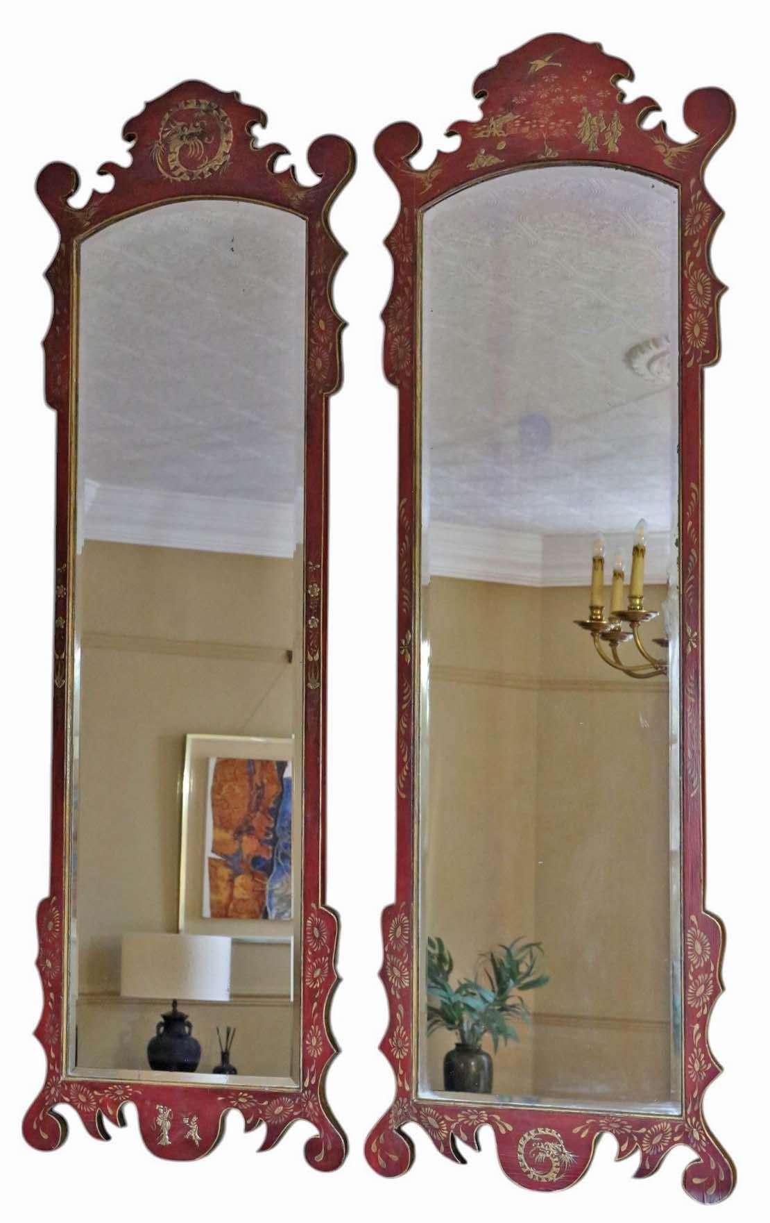 Antique Pair of Large Red Lacquer & Gilt Chinoiserie Wall Mirrors C1910 Oriental In Good Condition In Wisbech, Cambridgeshire