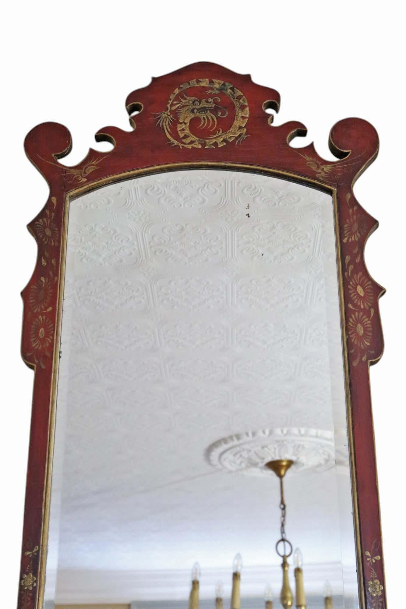 20th Century Antique Pair of Large Red Lacquer & Gilt Chinoiserie Wall Mirrors C1910 Oriental