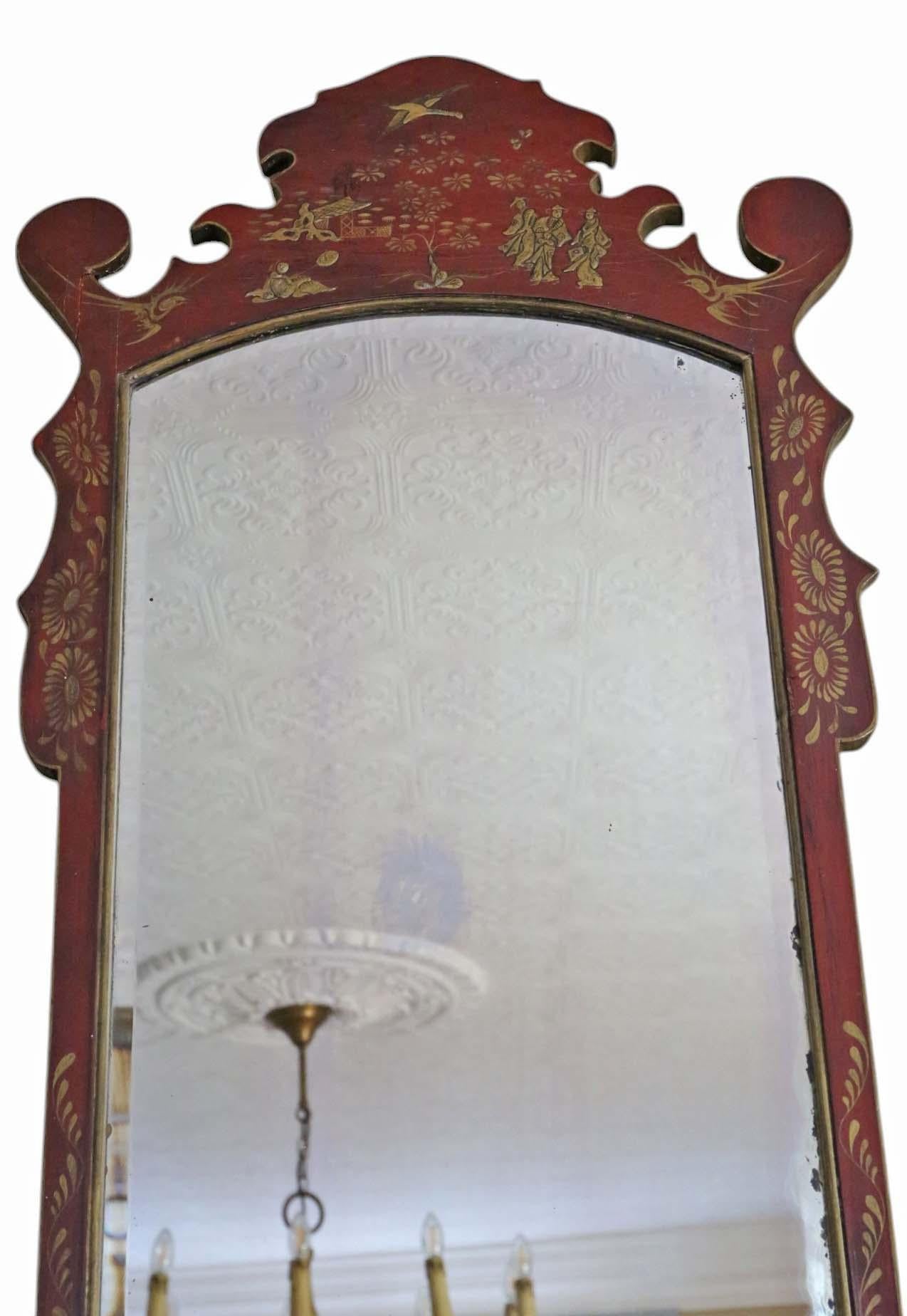 Glass Antique Pair of Large Red Lacquer & Gilt Chinoiserie Wall Mirrors C1910 Oriental