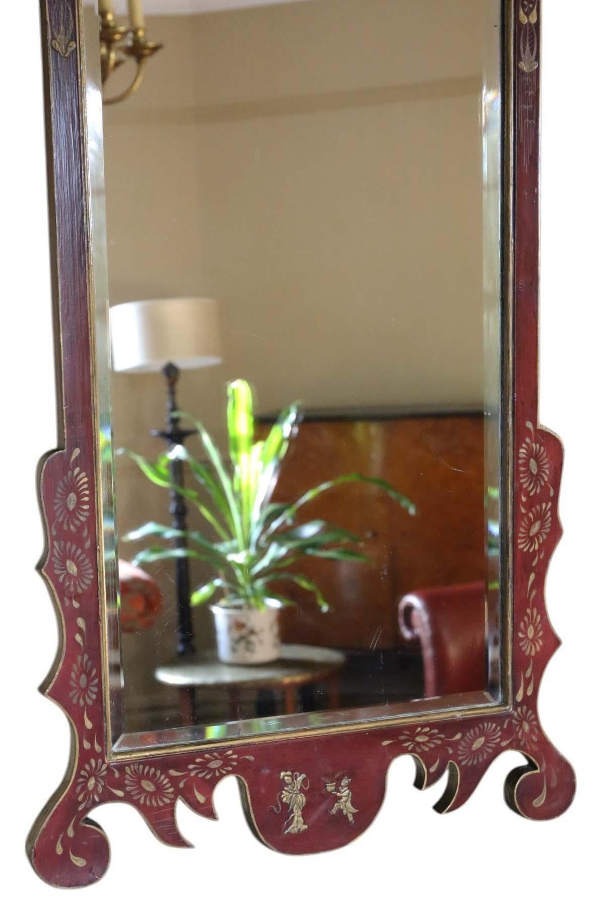 Antique Pair of Large Red Lacquer & Gilt Chinoiserie Wall Mirrors C1910 Oriental 1