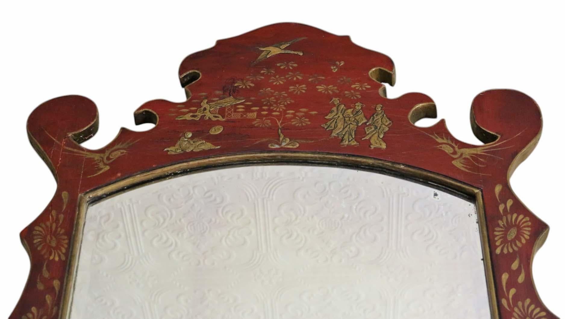 Antique Pair of Large Red Lacquer & Gilt Chinoiserie Wall Mirrors C1910 Oriental 4