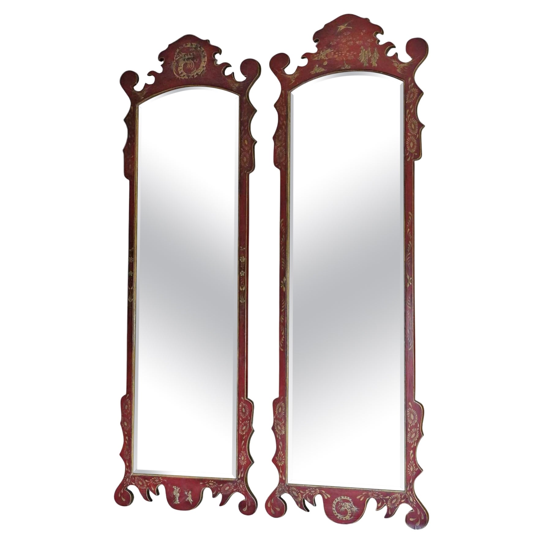 Antique Pair of Large Red Lacquer & Gilt Chinoiserie Wall Mirrors C1910 Oriental