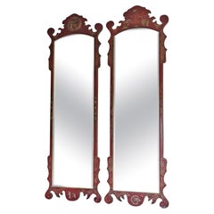 Antique Pair of Large Red Lacquer & Gilt Chinoiserie Wall Mirrors C1910 Oriental