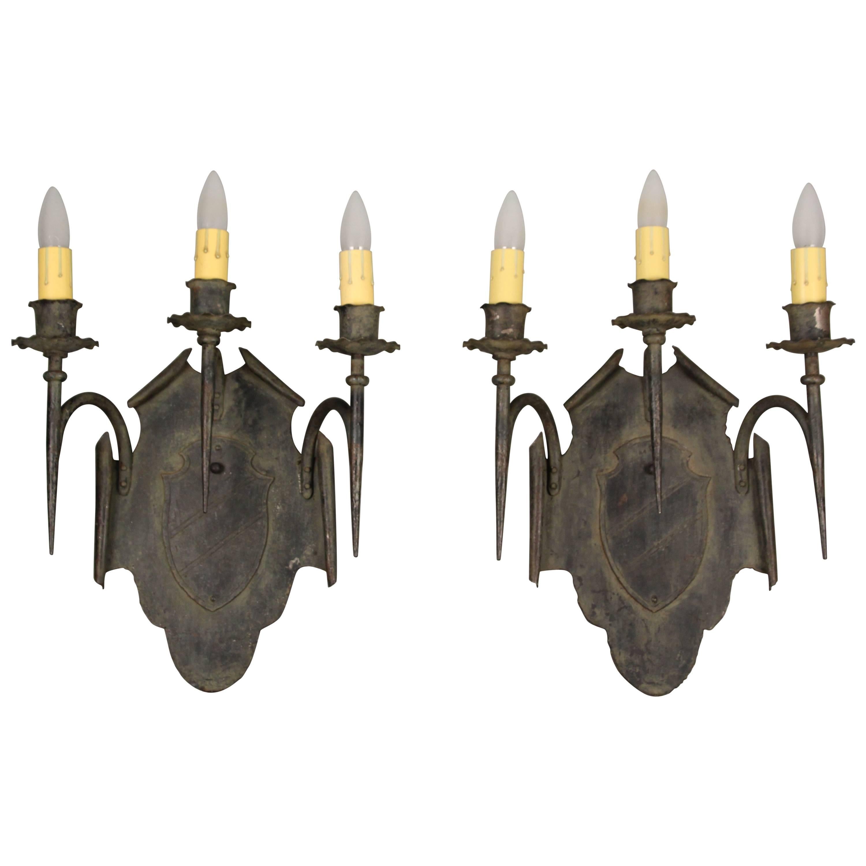 Antique Pair of Large Scale  Tudor Spanish Revival Regal 3 Light 1920s Sconces For Sale