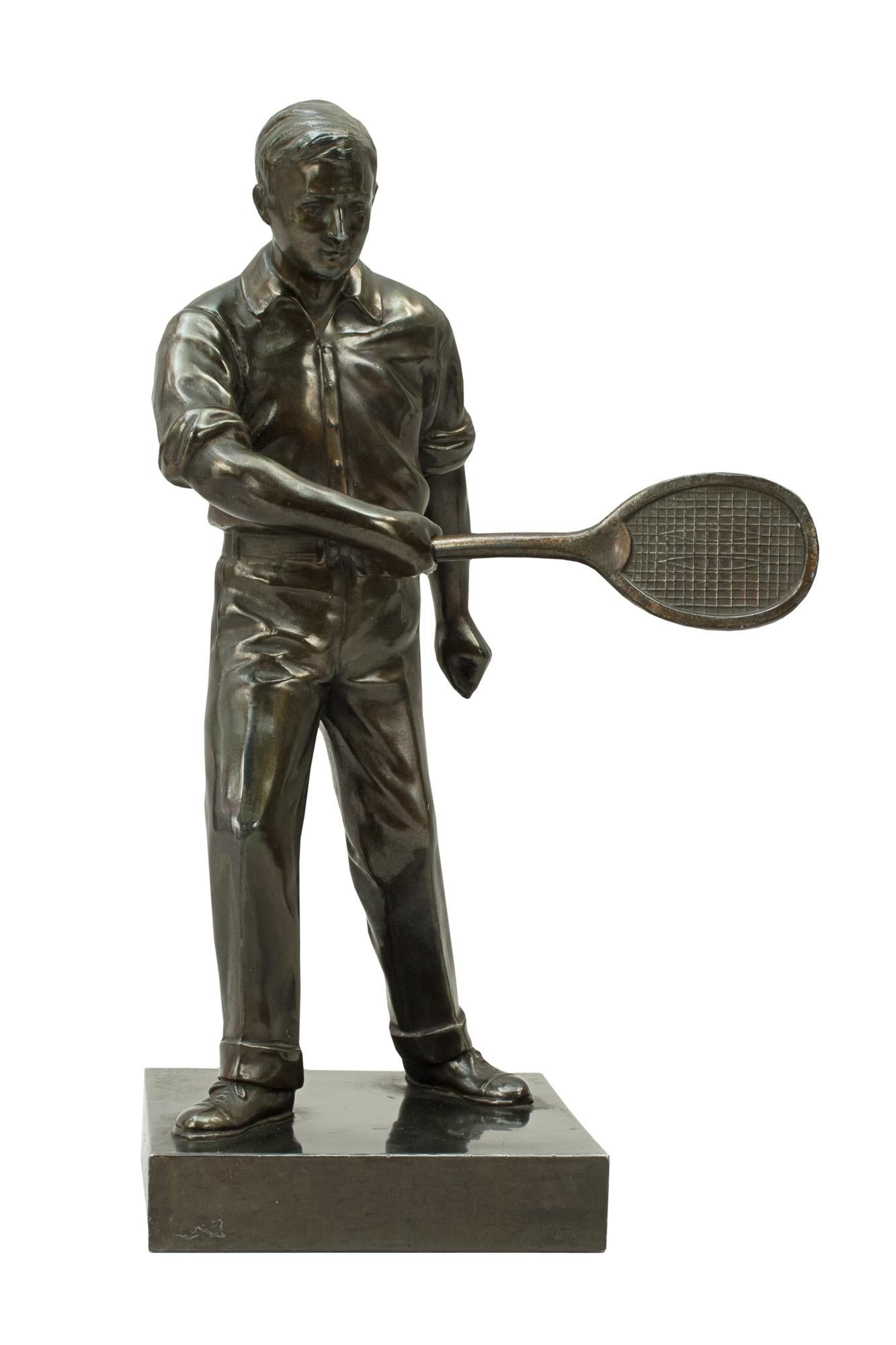 Spelter tennis players, Doherty twins.
A pair of bronzed Art Deco lawn tennis figures perhaps portraying the Doherty twins, Reginald and Lawrence. The figures are made from spelter (a white metal alloy cast in the lost wax process) and are on