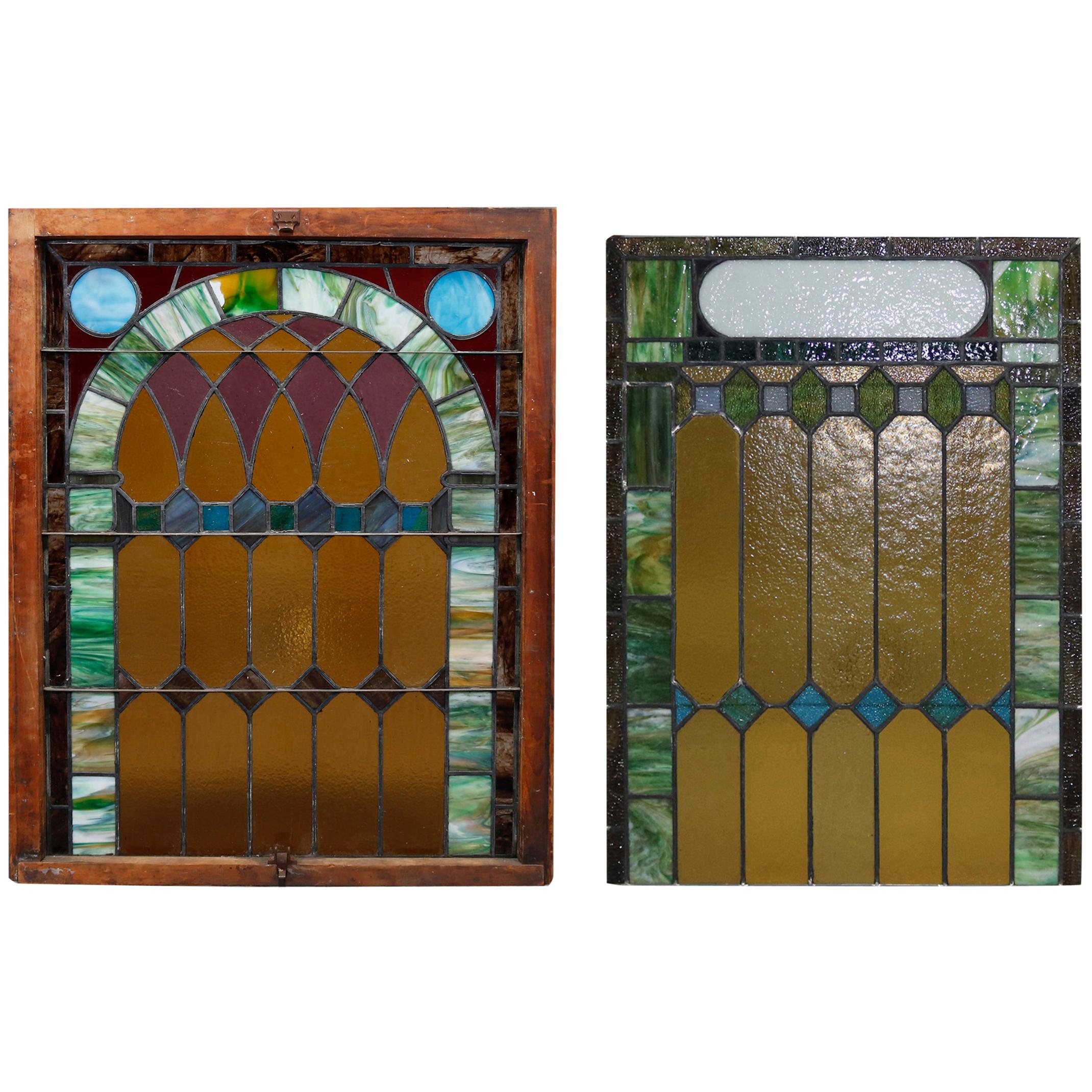Antique Pair of Leaded Stained & Slag Glass Windows, 19th Century