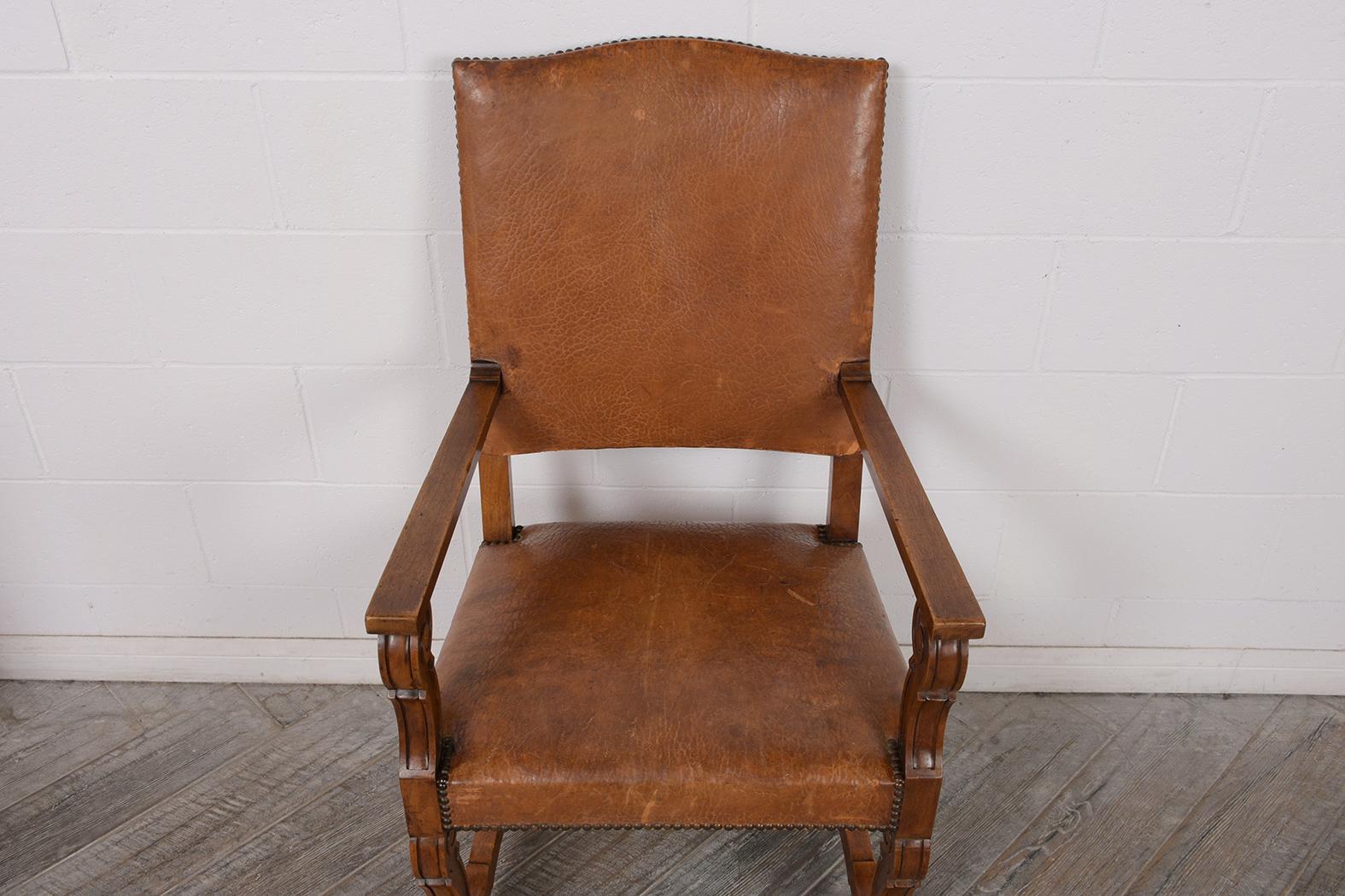 Carved Antique Pair of Leather Armchairs