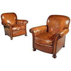 Antique Pair of Leather Upholstered Club Armchairs