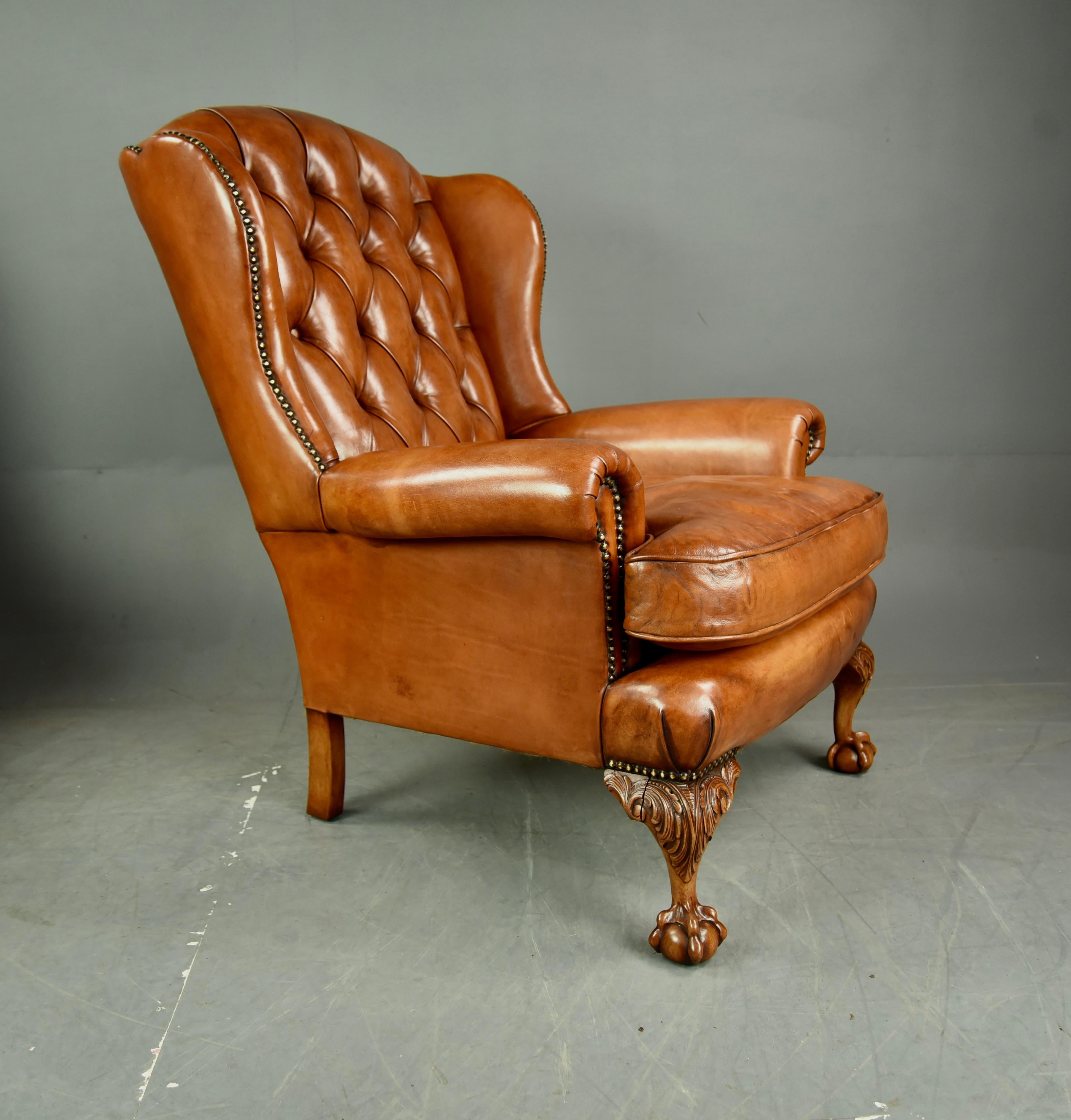 Fine pair of leather wing chairs, circa 1910.
The wing chairs have been fully re furbished to a very high standard. The leather has been hand dyed and finished in the traditional way they are a stunning colour with a wonderful antique patina.
The