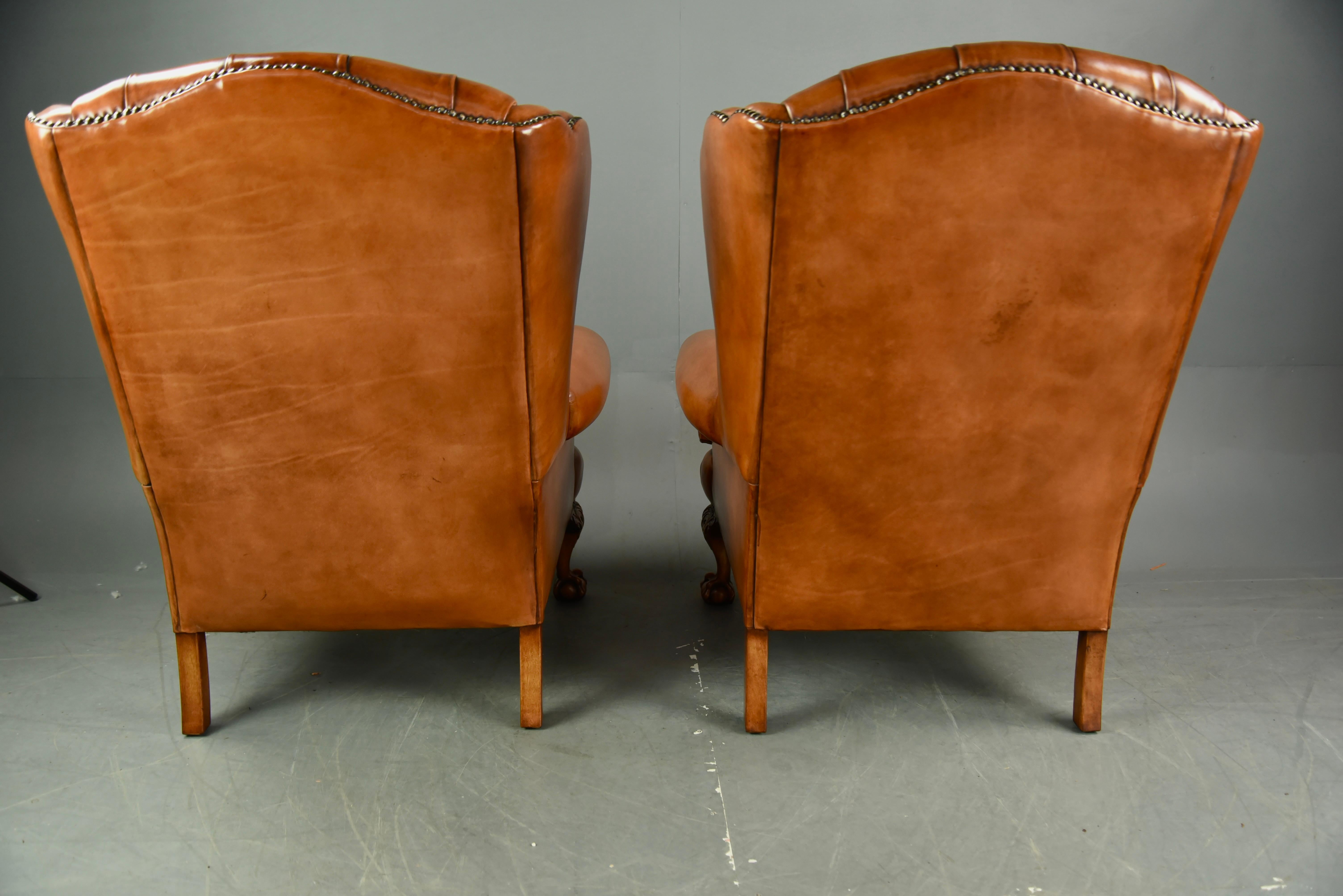 Chippendale Antique Pair of Leather Wing Chairs 